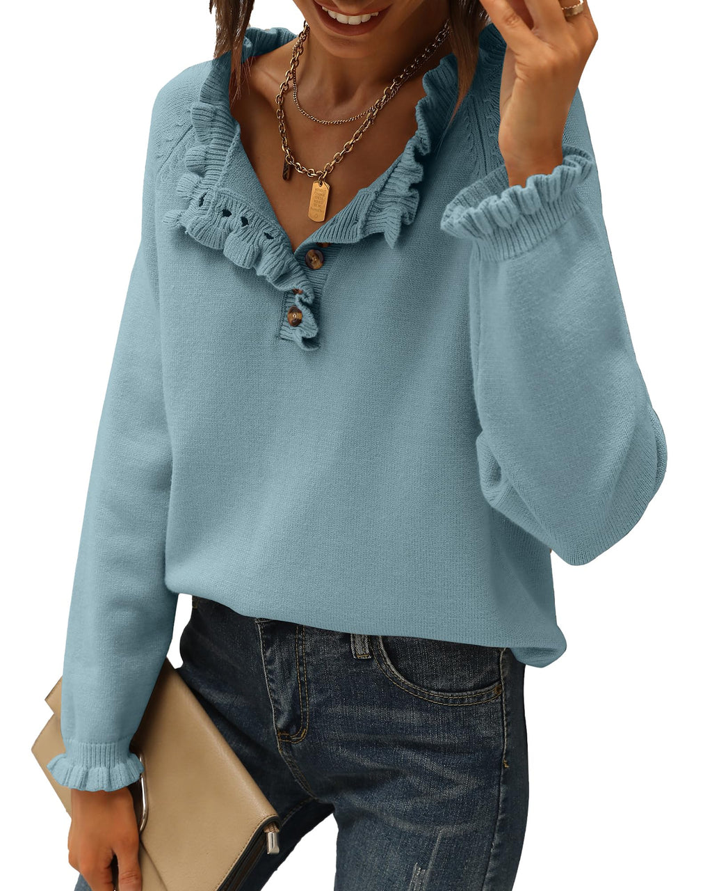 FreshPretty Womens Sweaters Fall Winter Clothes Long Sleeve Button Down Ruffle Crew Neck Casual Knitted Pullover Tops