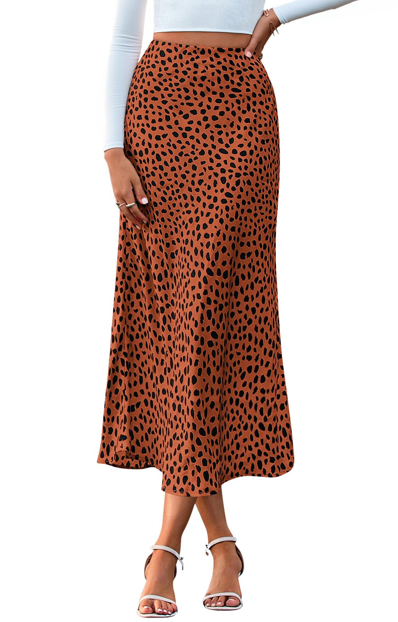 FreshPretty Satin Skirts for Women Trendy Spring Summer High Waisted Leopard Print Cocktail Wedding Long Silk Midi Skirt