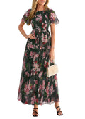 PRETTYGARDEN Tulle Floral Dress Women Summer Wedding Guest  Spring Short Sleeve Maxi Smocked Flowy Beach Party Dresses