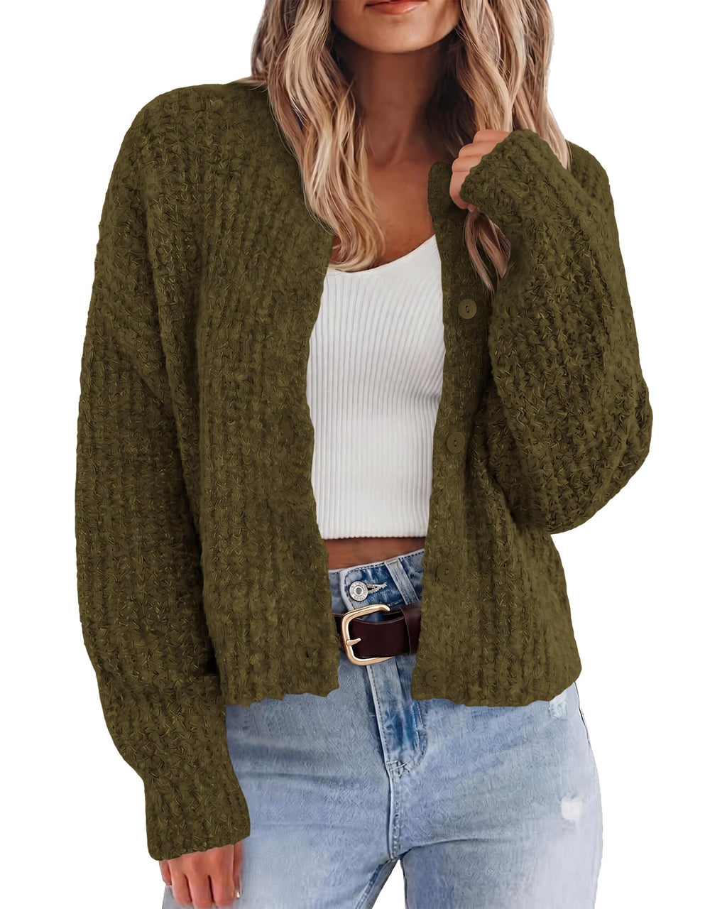 BTFBM Cardigan Sweaters for Women Fall Long Sleeve Button Down Soft Loose Chunky Knit Outwear Cropped Winter Coats