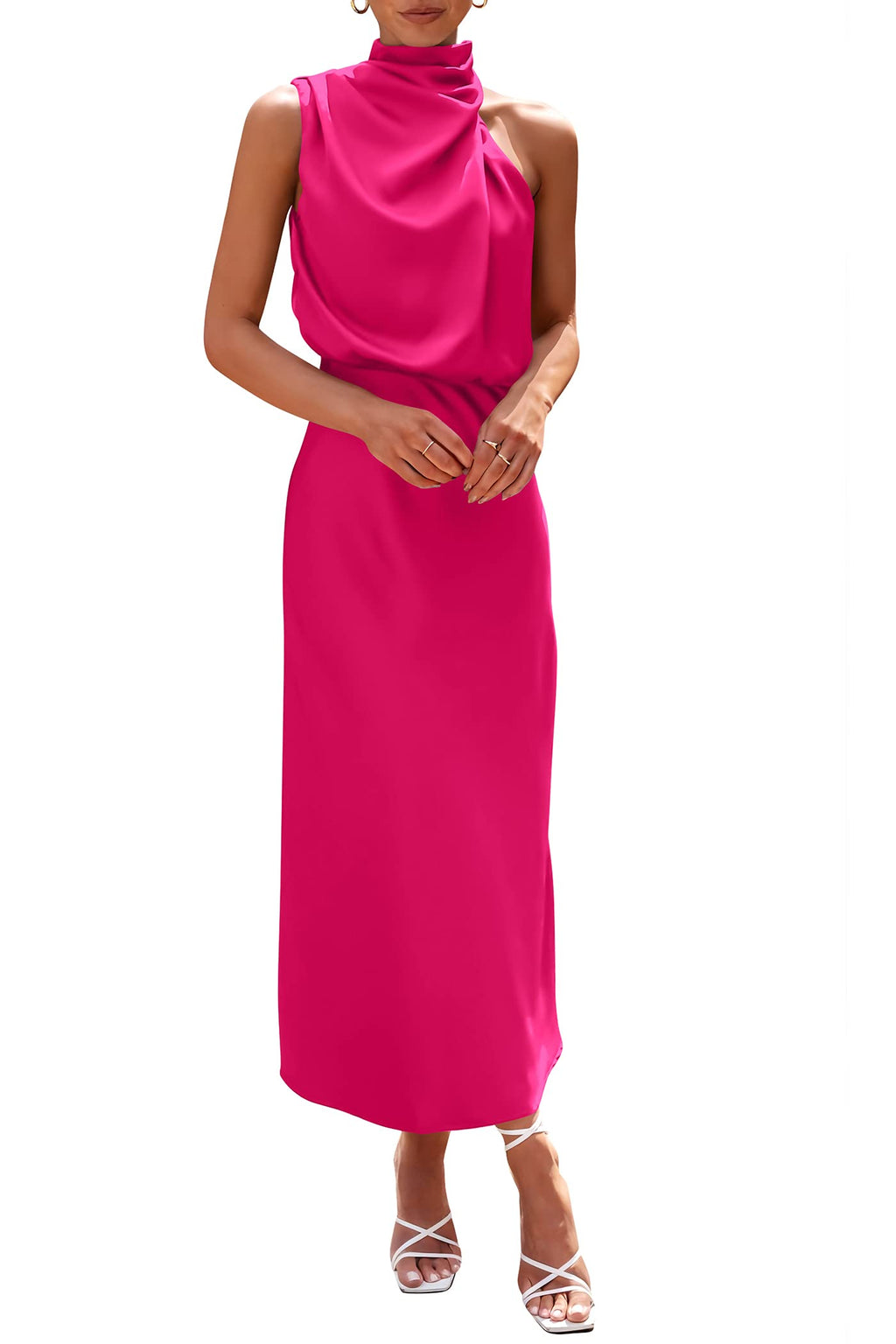 PRETTYGARDEN Women's Summer Satin Dress Elegant Sleeveless Mock Neck Cocktail Party Maxi Dresses