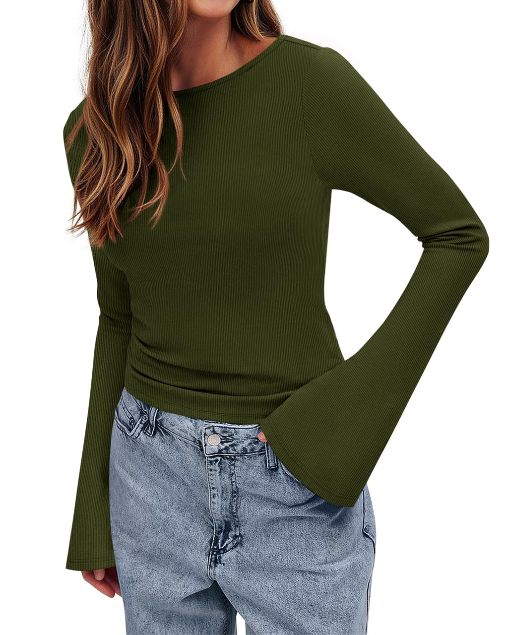 BTFBM Long Sleeve Shirts for Women Spring Y2K Clothes Casual Boat Neck Bell Sleeve Fitted Fall Going Out Tops