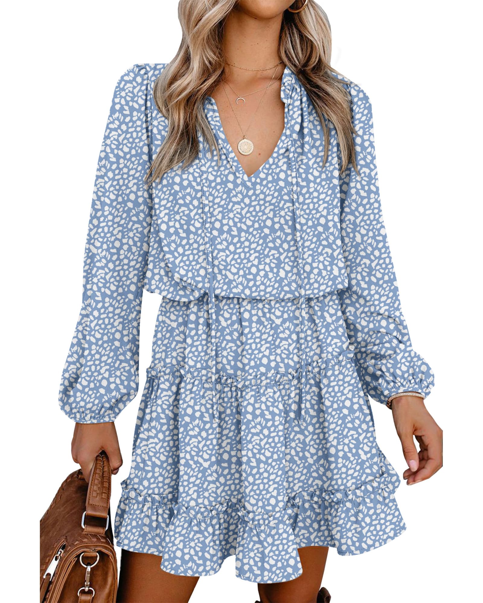 FreshPretty Long Sleeve Fall Dresses for Women Summer Casual Tie Neck Ruffle Tiered A Line Wedding Guest Short Mini Dress