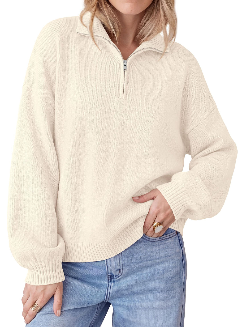 PRETTYGARDEN Women's Quarter Zip Pullover Oversized Sweaters Collared Neck, Long Balloon Sleeve, Jumper Tops, Soft Cozy Knit, Ribbed Hem, Loose Fit, Fall Outfits, Winter Fashion Clothing