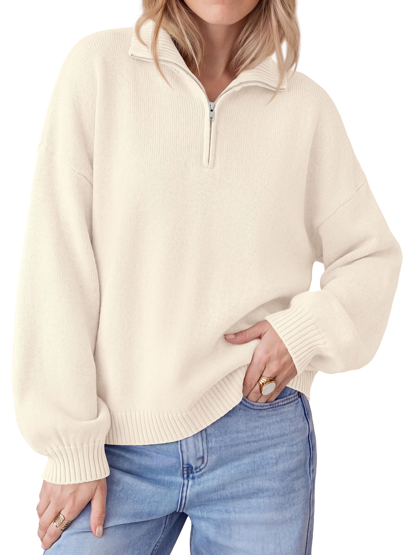 PRETTYGARDEN Women's Quarter Zip Pullover Oversized Sweaters Collared Neck, Long Balloon Sleeve, Jumper Tops, Soft Cozy Knit, Ribbed Hem, Loose Fit, Fall Outfits, Winter Fashion Clothing