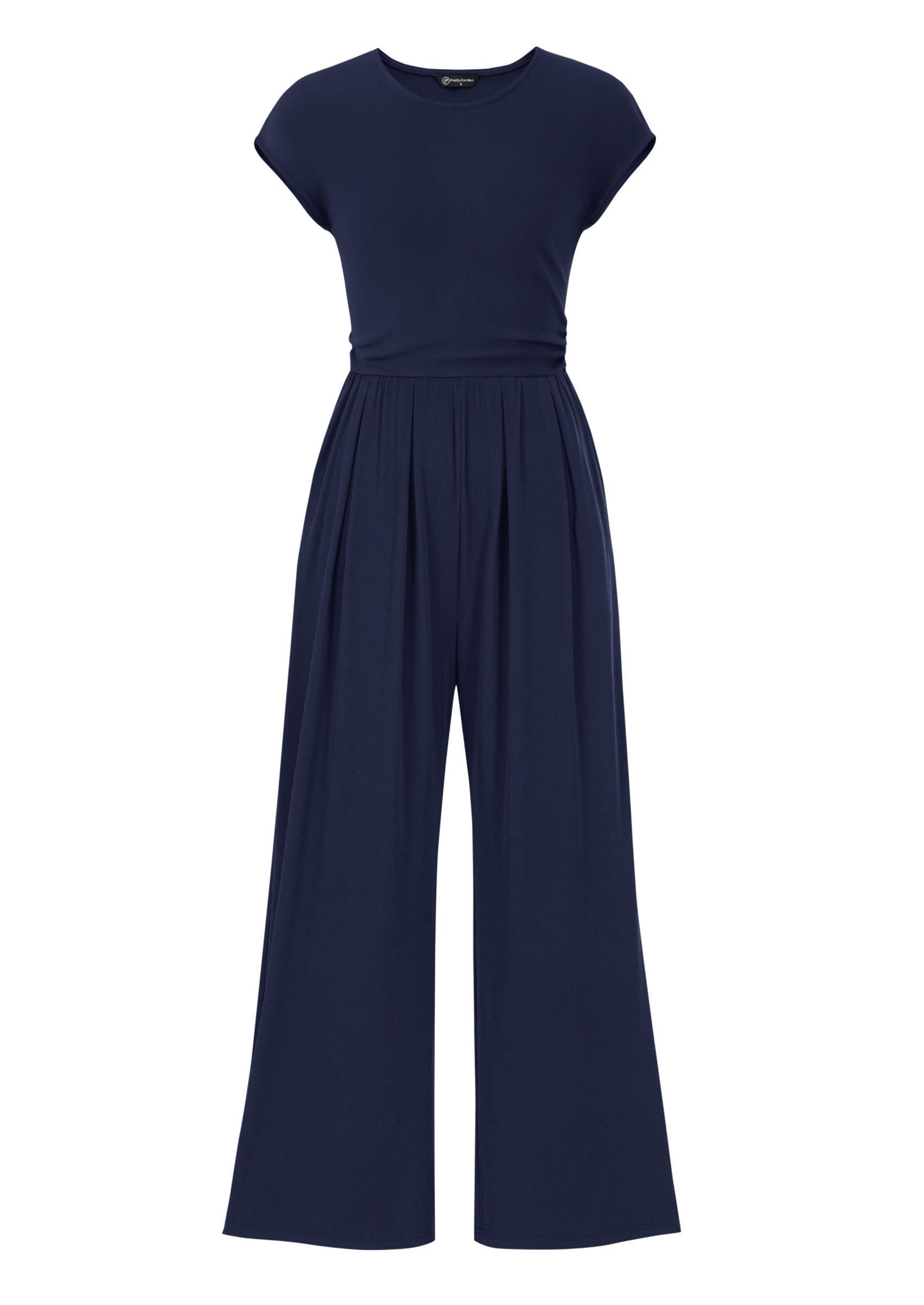 PRETTYGARDEN Summer Jumpsuits for Women Dressy Ribbed Cap Sleeve Wide Leg Pants Rompers Elegant Casual One Piece Outfits