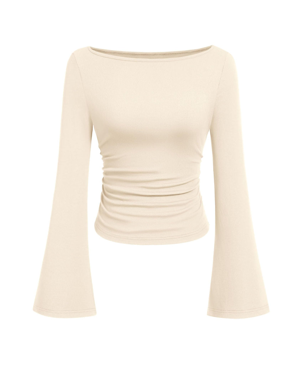 PRETTYGARDEN Women's Long Sleeve Shirts Fall Crop Going Out Tops Casual Boat Neck Bell Sleeve Ribbed Ruched Y2K Clothes