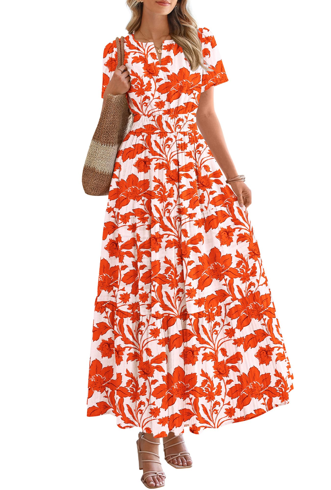 BTFBM Womens Summer Floral Maxi Dresses V Neck Short Sleeve Boho Casual Flowy Long Wedding Guest Dress Beach Vacation