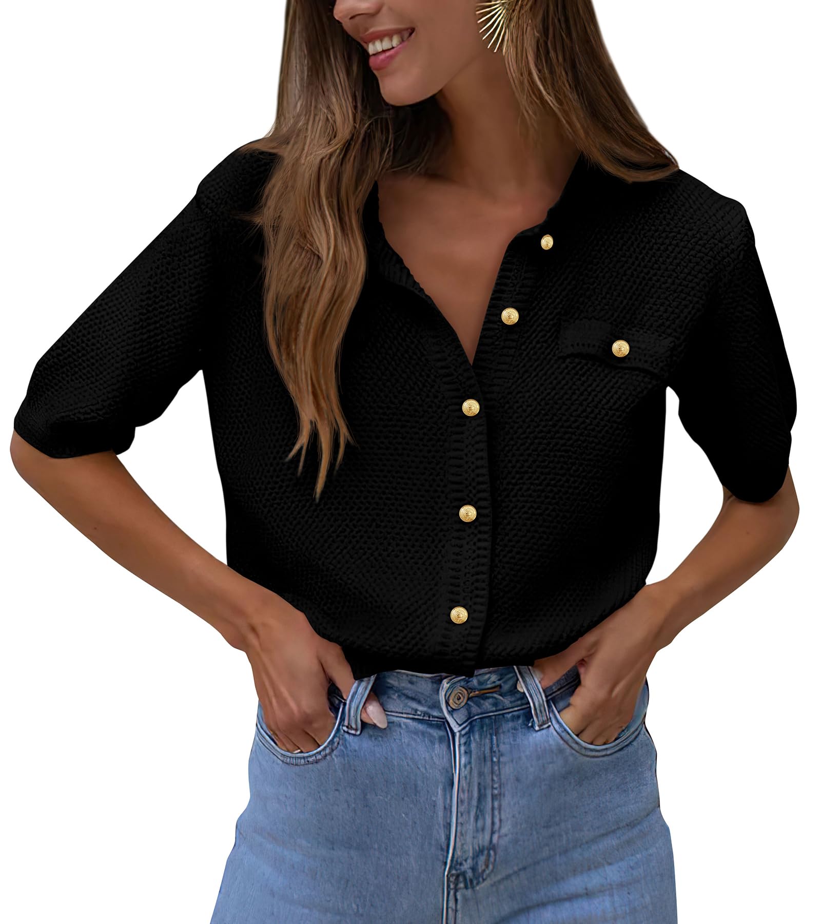 PRETTYGARDEN Women's Summer Button Down Shirts Casual Short Sleeve Crew Neck Ribbed Knit Blouse Top Cardigans