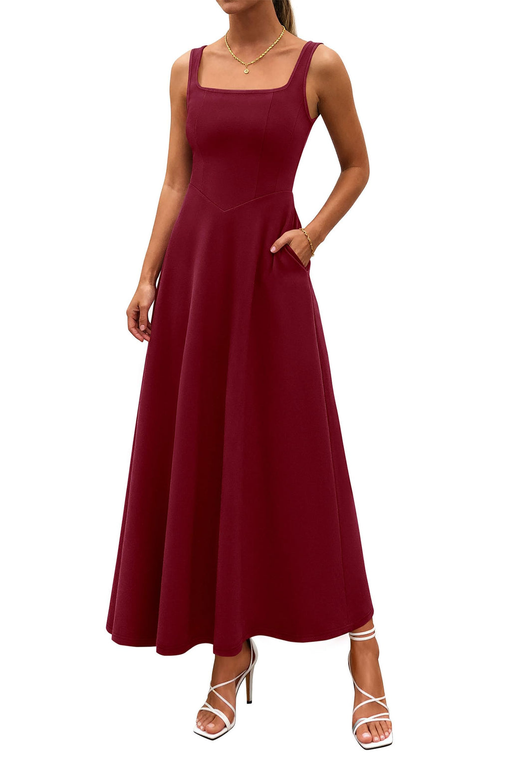PRETTYGARDEN Womens Summer Dresses Sleeveless Elegant Square Neck Aline Swing Maxi Beach Wedding Guest Dress Pockets