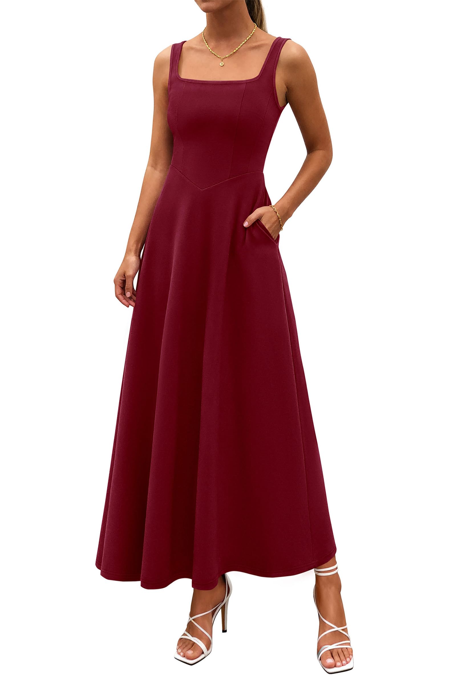 PRETTYGARDEN Womens Summer Dresses Sleeveless Elegant Square Neck Aline Swing Maxi Beach Wedding Guest Dress Pockets