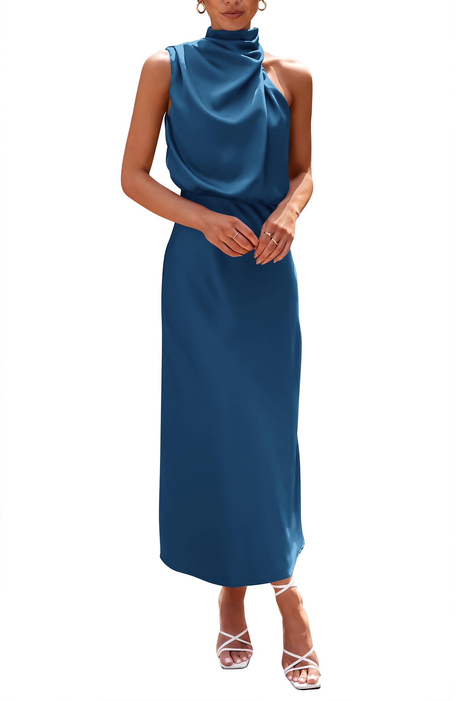 PRETTYGARDEN Women's Summer Satin Dress Elegant Sleeveless Mock Neck Cocktail Party Maxi Dresses