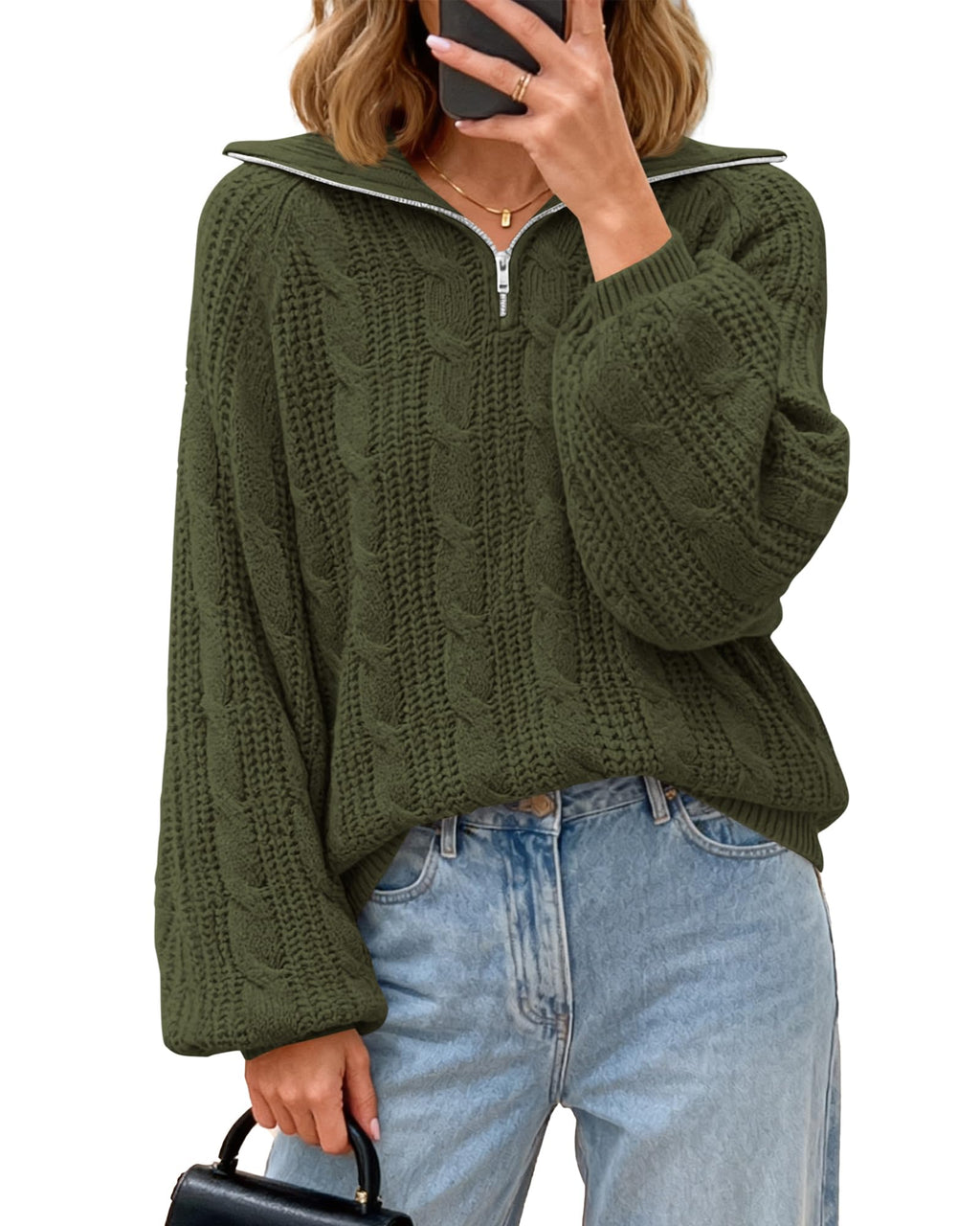 BTFBM Sweaters for Women Fall Fashion Loose Quarter Zip Pullover Collared Long Sleeve Cable Knit Winter Clothes
