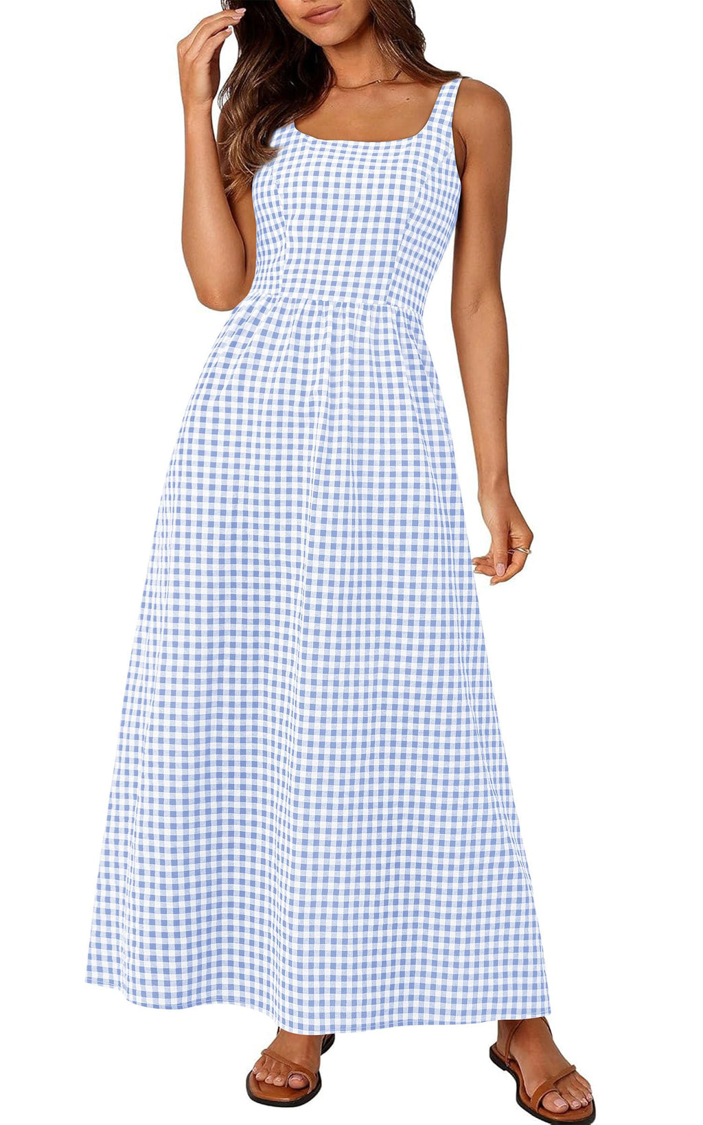 PRETTYGARDEN Women's Summer Spaghetti Strap Maxi Dresses Plaid Square Neck A Line Casual Beach Vacation Long Sundress