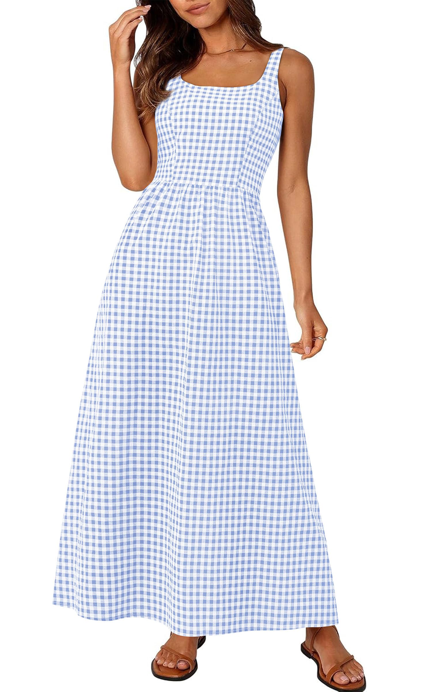 PRETTYGARDEN Women's Summer Spaghetti Strap Maxi Dresses Plaid Square Neck A Line Casual Beach Vacation Long Sundress