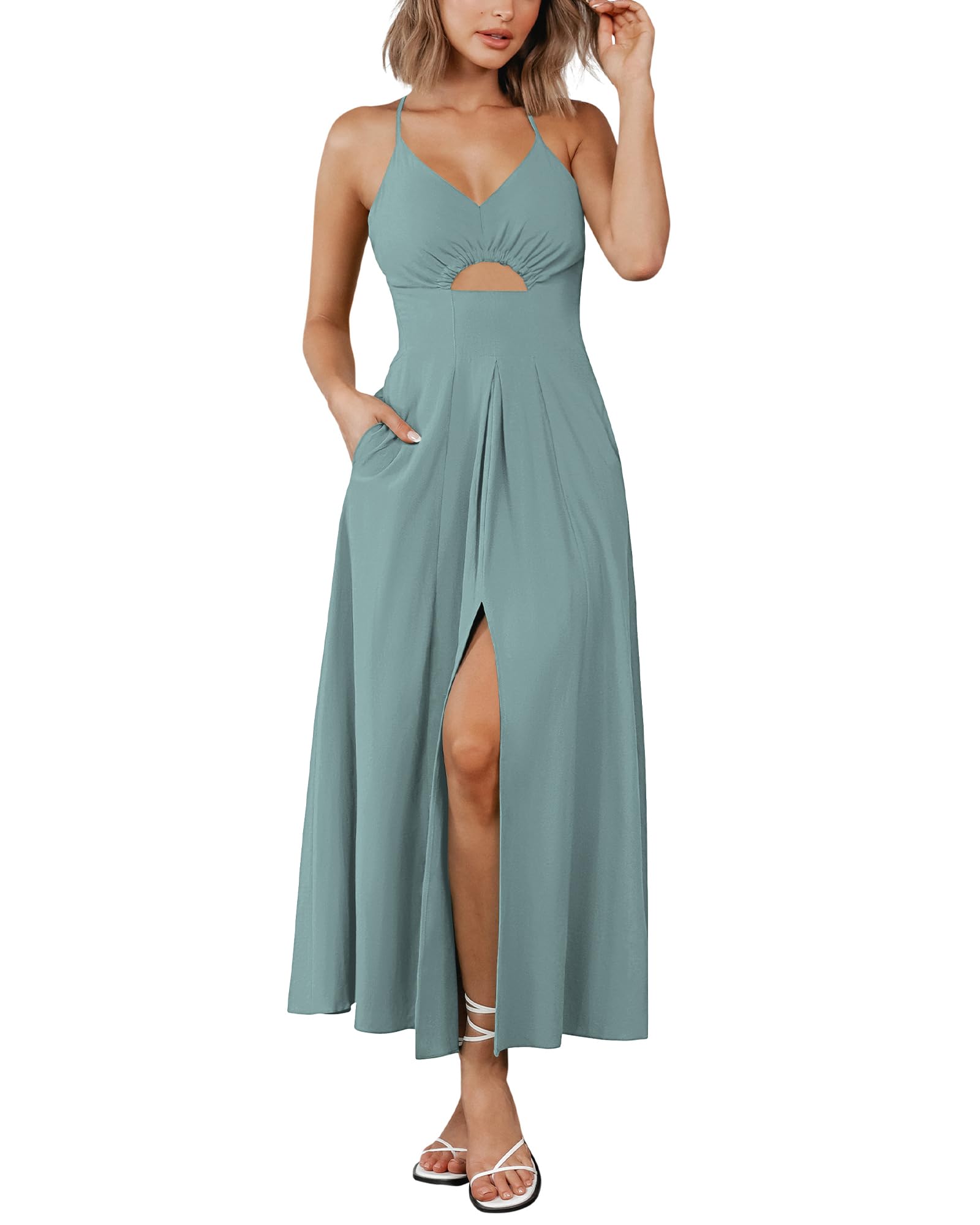 BTFBM Women Spaghetti Strap Midi Summer Dresses Sleeveless V Neck Cutout Slit Casual Beach Party Maxi Dress Pockets