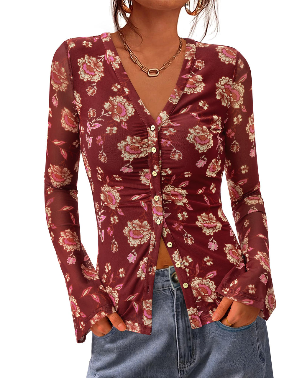 BTFBM Button Down Shirts for Women Spring Boho Tops V Neck Long Sleeve Blouses Ruched Mesh Fitted Fall Fashion