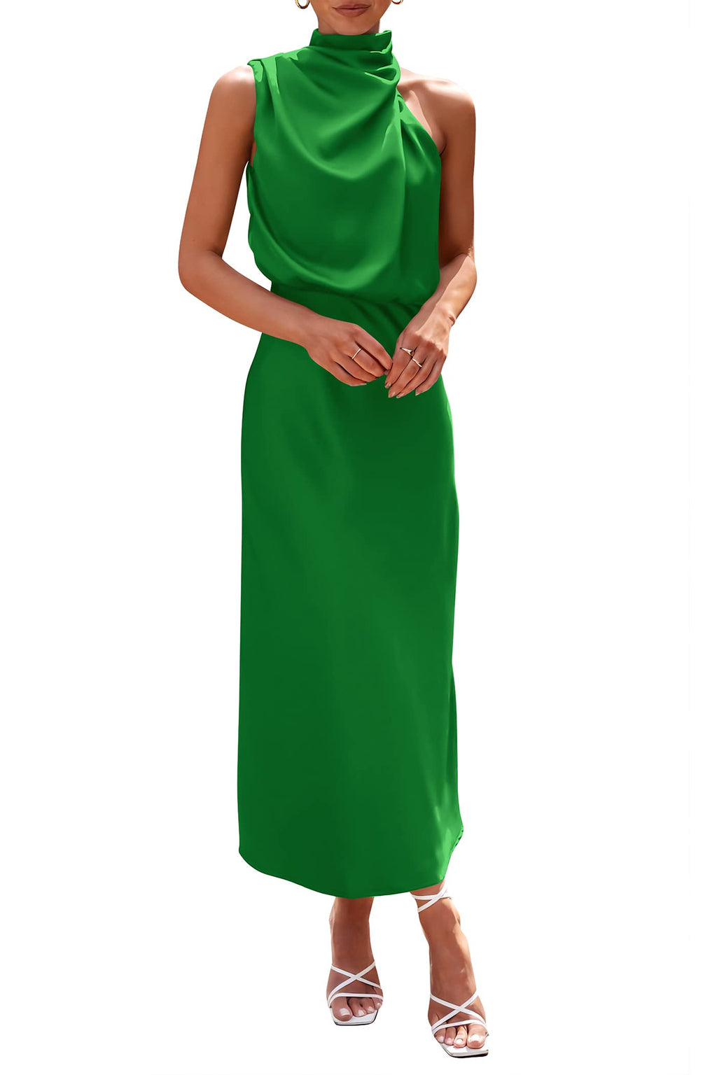 PRETTYGARDEN Women's Summer Satin Dress Elegant Sleeveless Mock Neck Cocktail Party Maxi Dresses