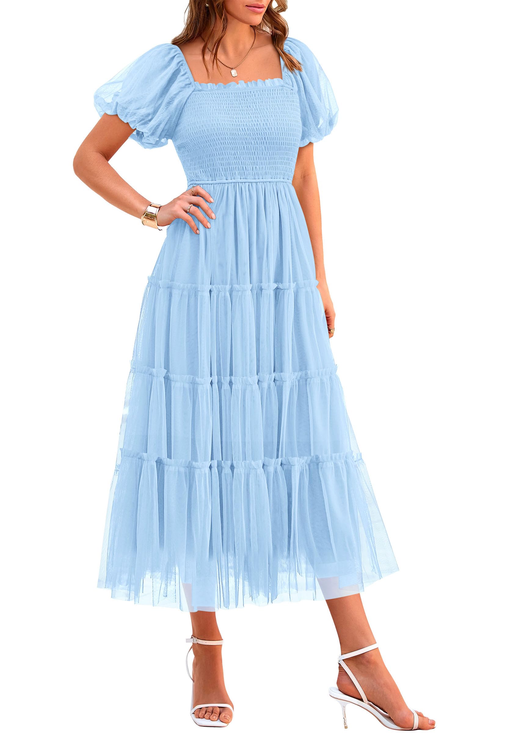 PRETTYGARDEN Women's Smocked Midi Tulle Dress  Summer Puffy Short Sleeve Square Neck Ruffle Wedding Guest Party Dresses