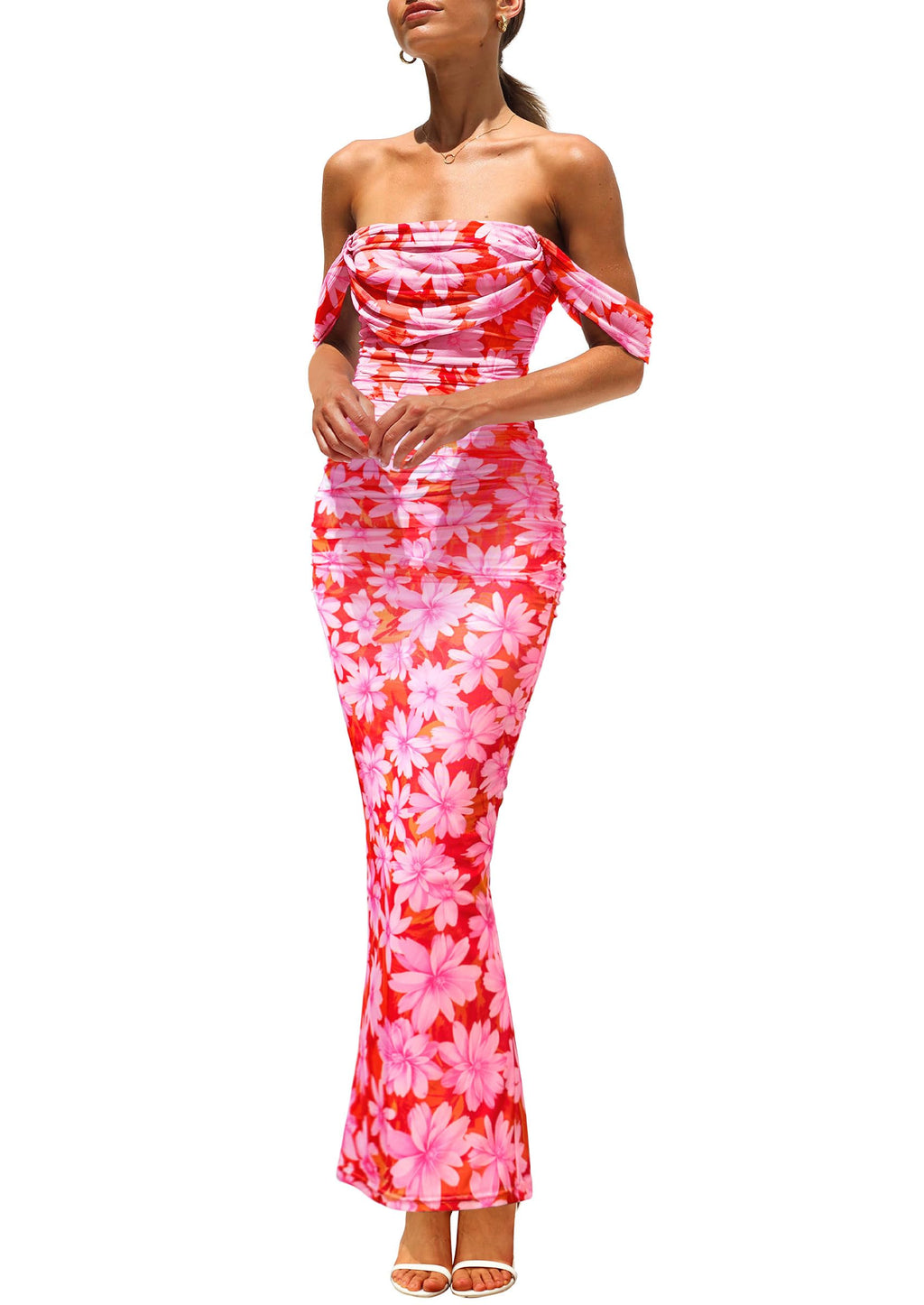 PRETTYGARDEN Cocktail Dresses for Women Summer Floral Off Shoulder Ruched Mesh Elegant Wedding Guest Maxi Dress
