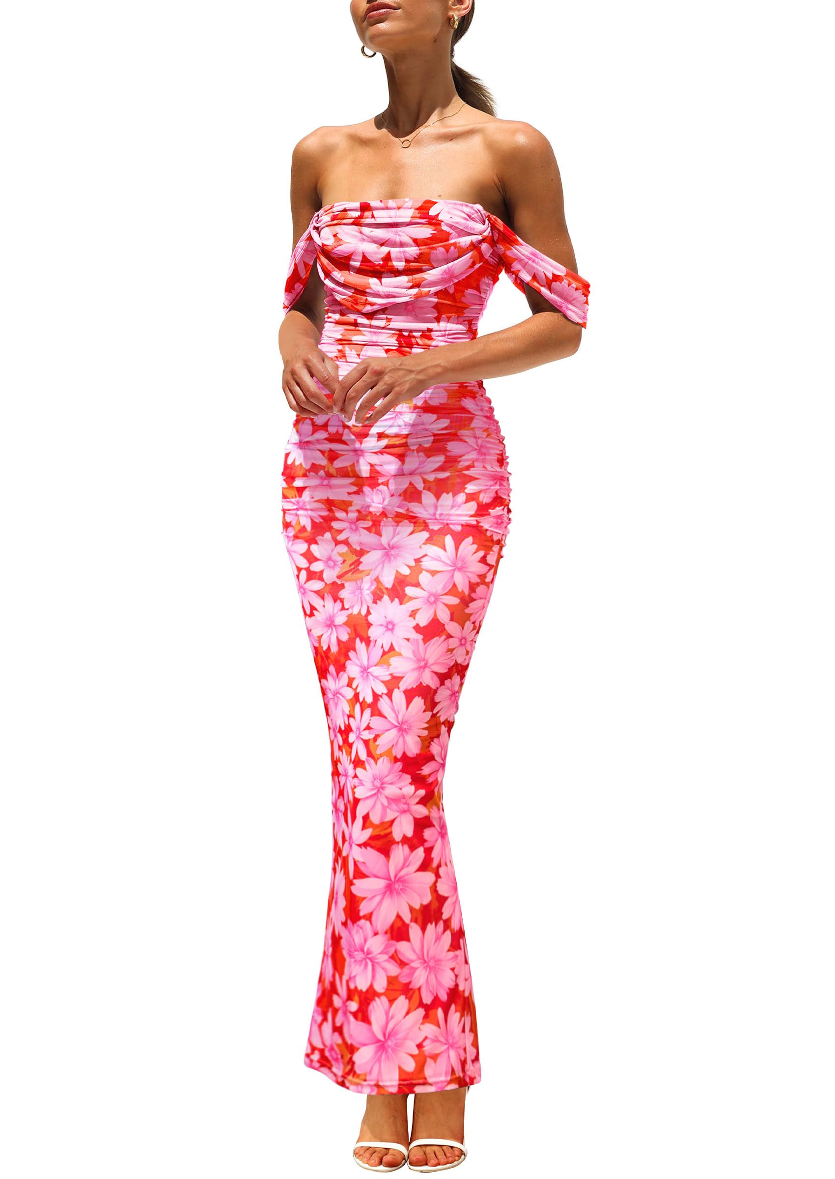 PRETTYGARDEN Cocktail Dresses for Women Summer Floral Off Shoulder Ruched Mesh Elegant Wedding Guest Maxi Dress