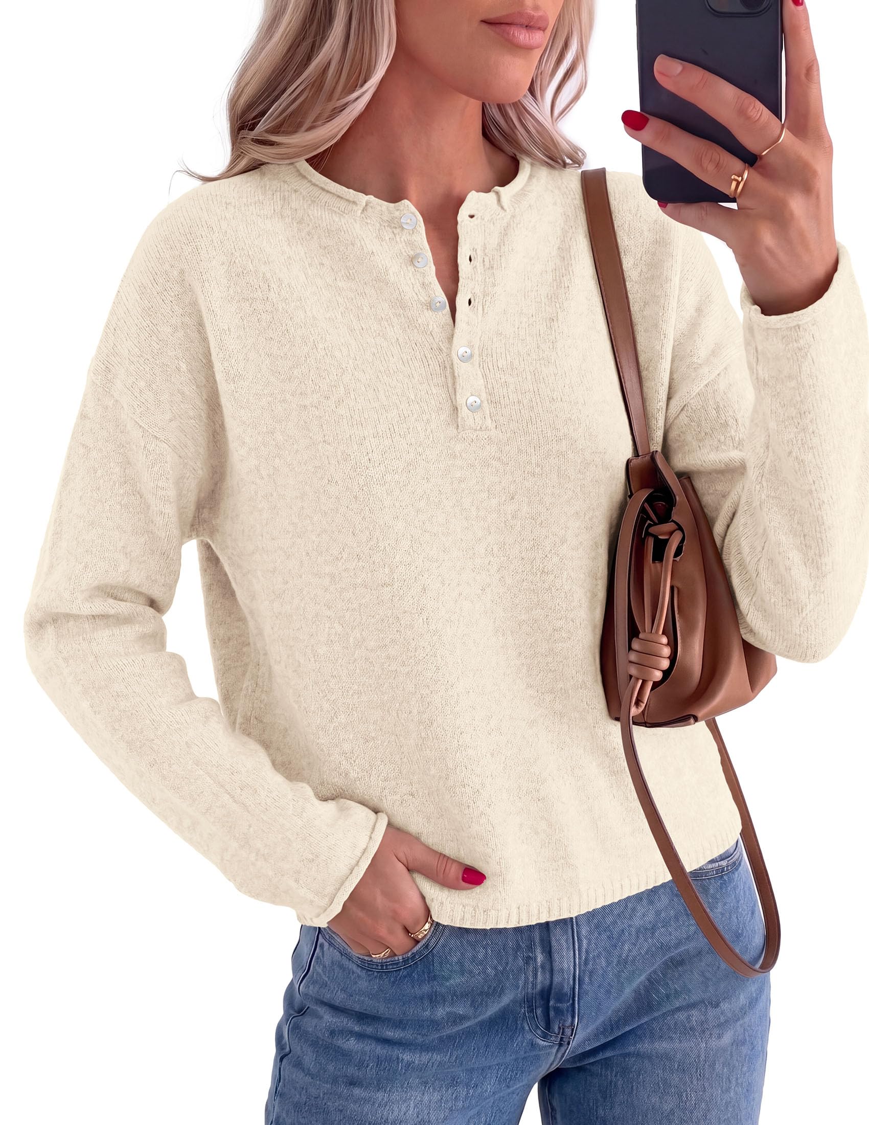 PRETTYGARDEN Women's Fall Button Up Cozy Pullover Sweaters | Stretchy Soft Knit, Drop Shoulder Long Sleeve Tops, Henley Crewneck Rolled Edge, Dressy Casual Blouses, Trendy Winter Clothes