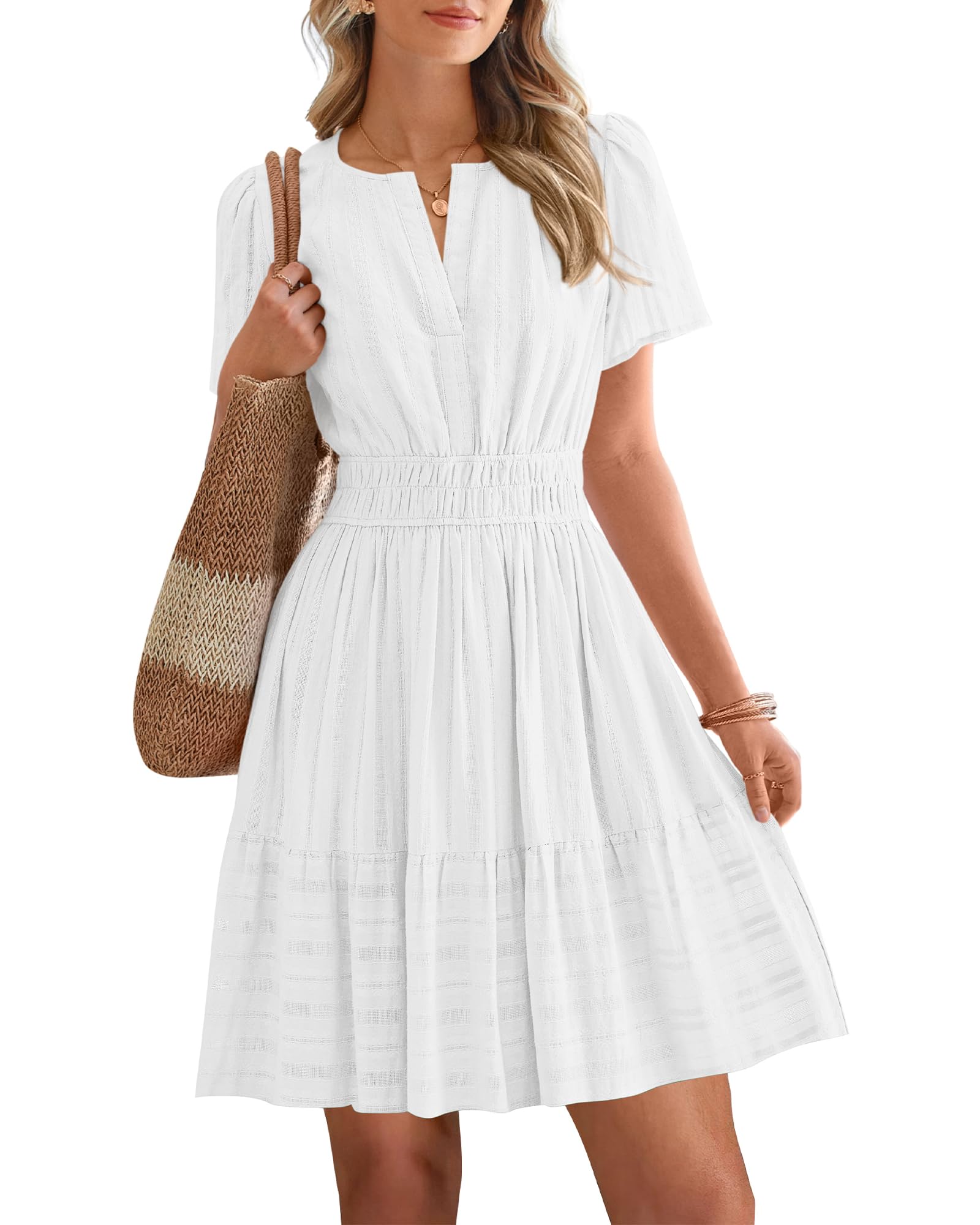BTFBM Womens Spring  Casual Mini Dresses Lightweight Short Sleeve V Neck Elastic Waist Cute Boho Beach Dress Pockets