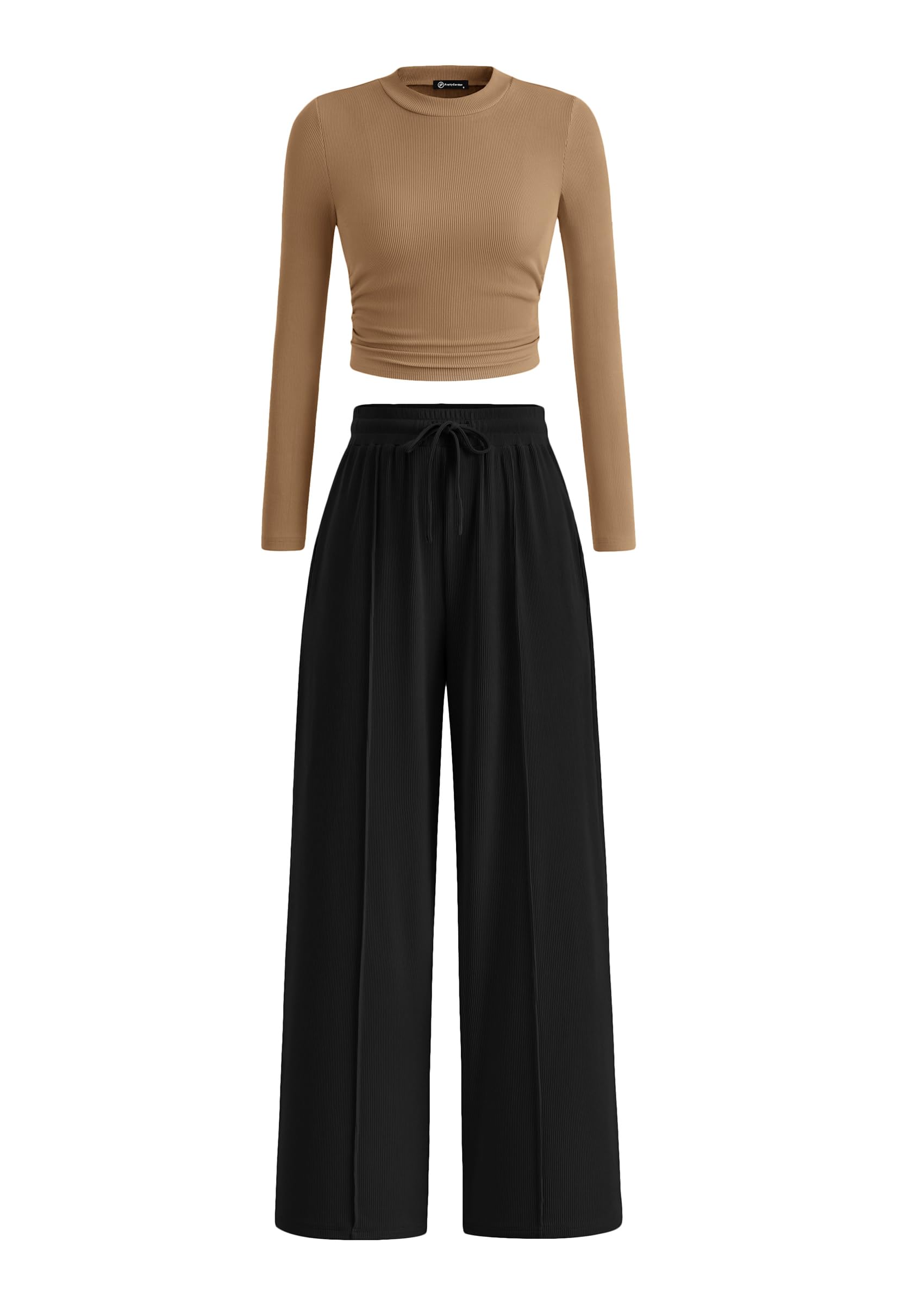 PRETTYGARDEN Women's 2 Piece Loungewear Long Sleeve Crop Top Wide Leg Palazzo Pants Set Tracksuits Casual Outfit