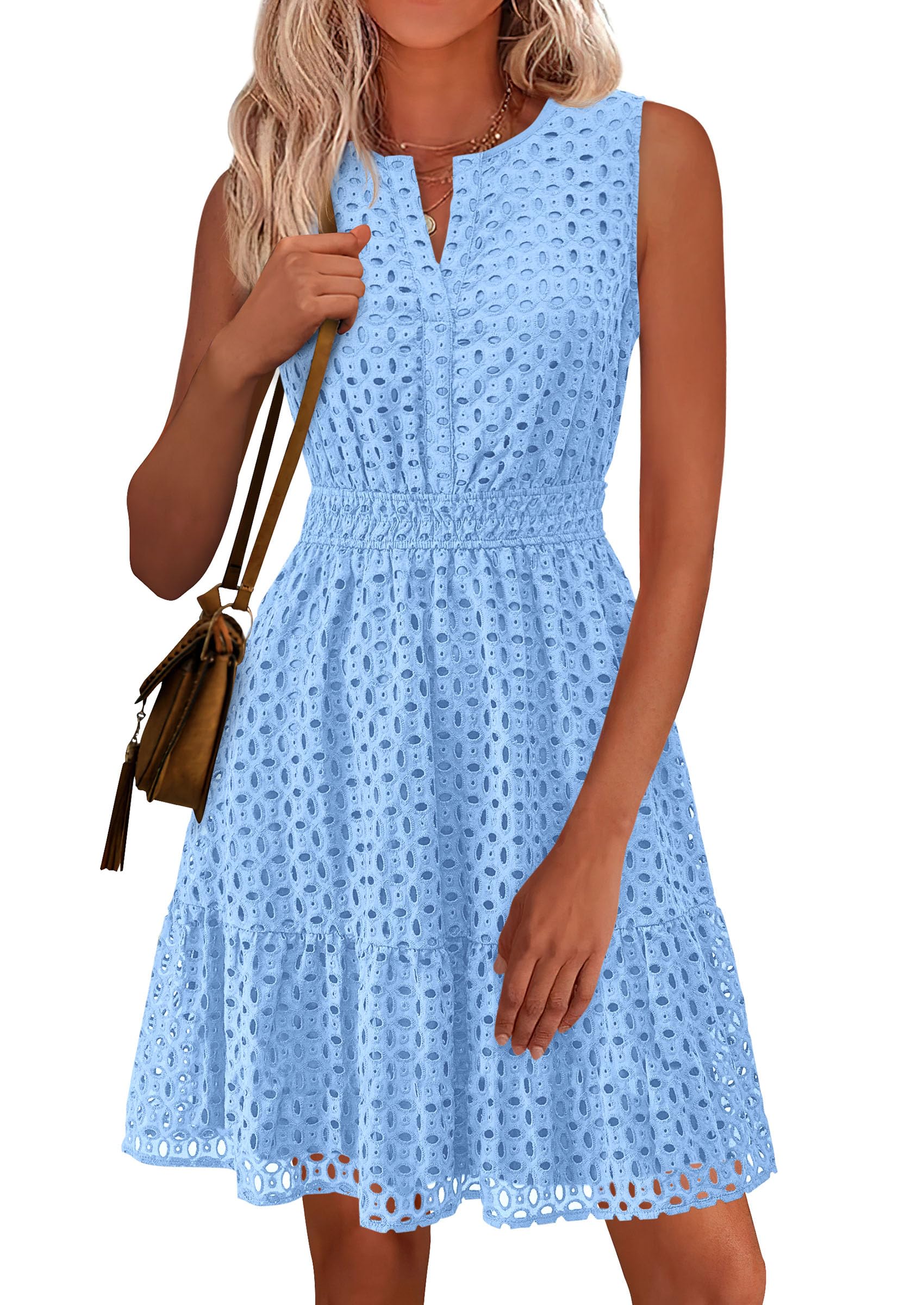 PRETTYGARDEN Women's Summer Dresses Sleeveless V Neck Eyelet Hollow Out Swing A Line Beach Vacation Sun Dress