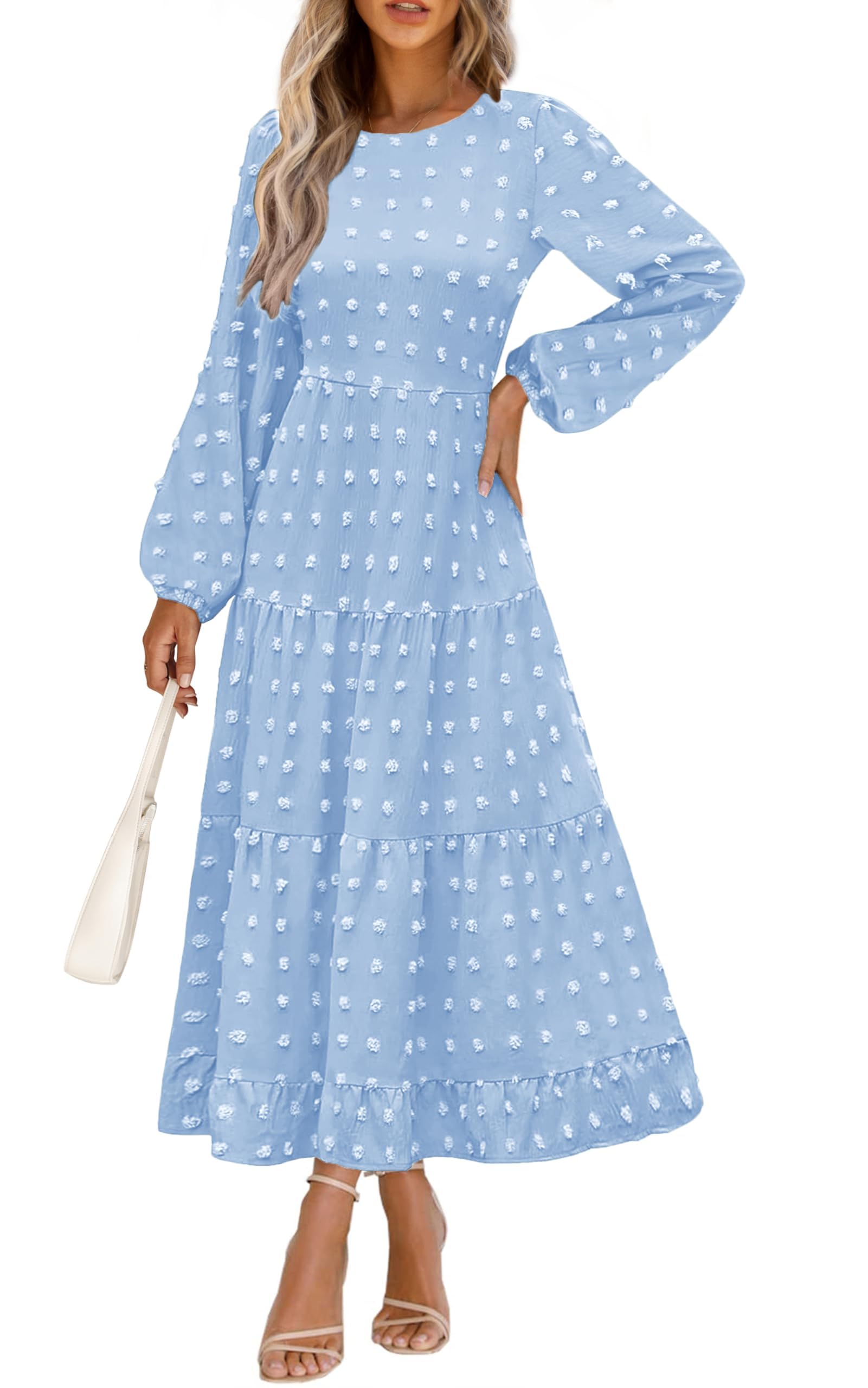 PRETTYGARDEN Women's Fall Spring Elegant Long Sleeve Maxi Dress Swiss Dot A Line Flowy Casual Holiday Party Going Out Dresses
