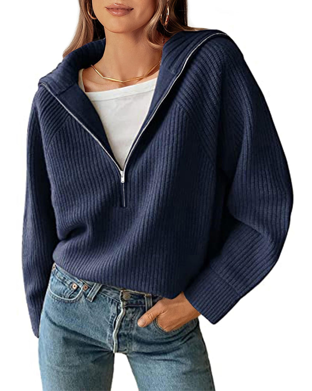 FreshPretty Womens Sweaters Quarter Zip Pullover V Neck Collar Long Sleeve Ribbed Knit Loose Casual Winter Fall Sweater