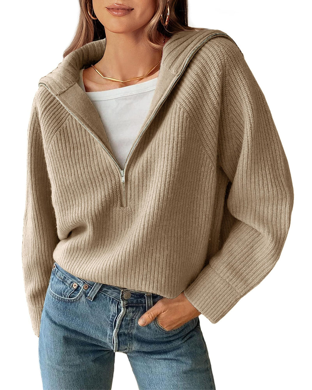 BTFBM Womens Sweaters Quarter Zip Pullover V Neck Collar Long Sleeve Ribbed Knit Loose Casual Winter Fall Sweater