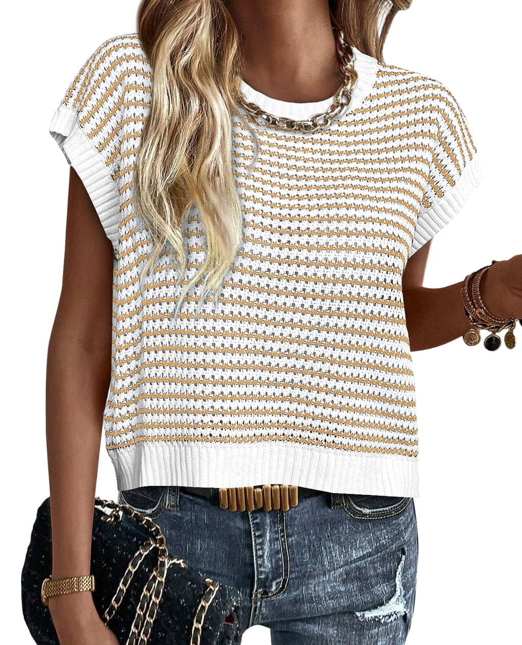 PRETTYGARDEN Womens Short Sleeve Sweater Spring Summer Round Neck Striped Pullover Cap Sleeve Knit Sweater Vest Tops
