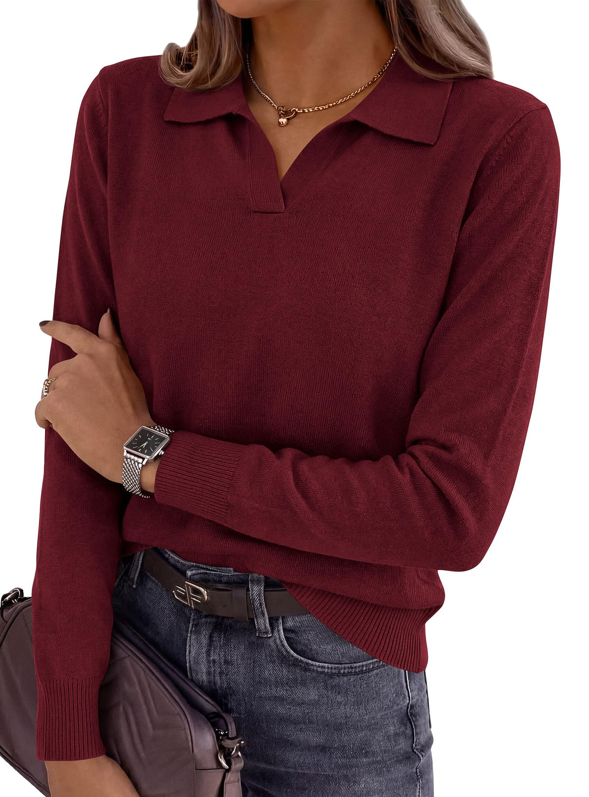PRETTYGARDEN Womens Long Sleeve Collared Polo Sweater | Breathable Soft Ribbed Knit, Lapel V Neck Pullover Sweaters, Business Casual Work Office Tops, 2026 Trendy Fall Outfits