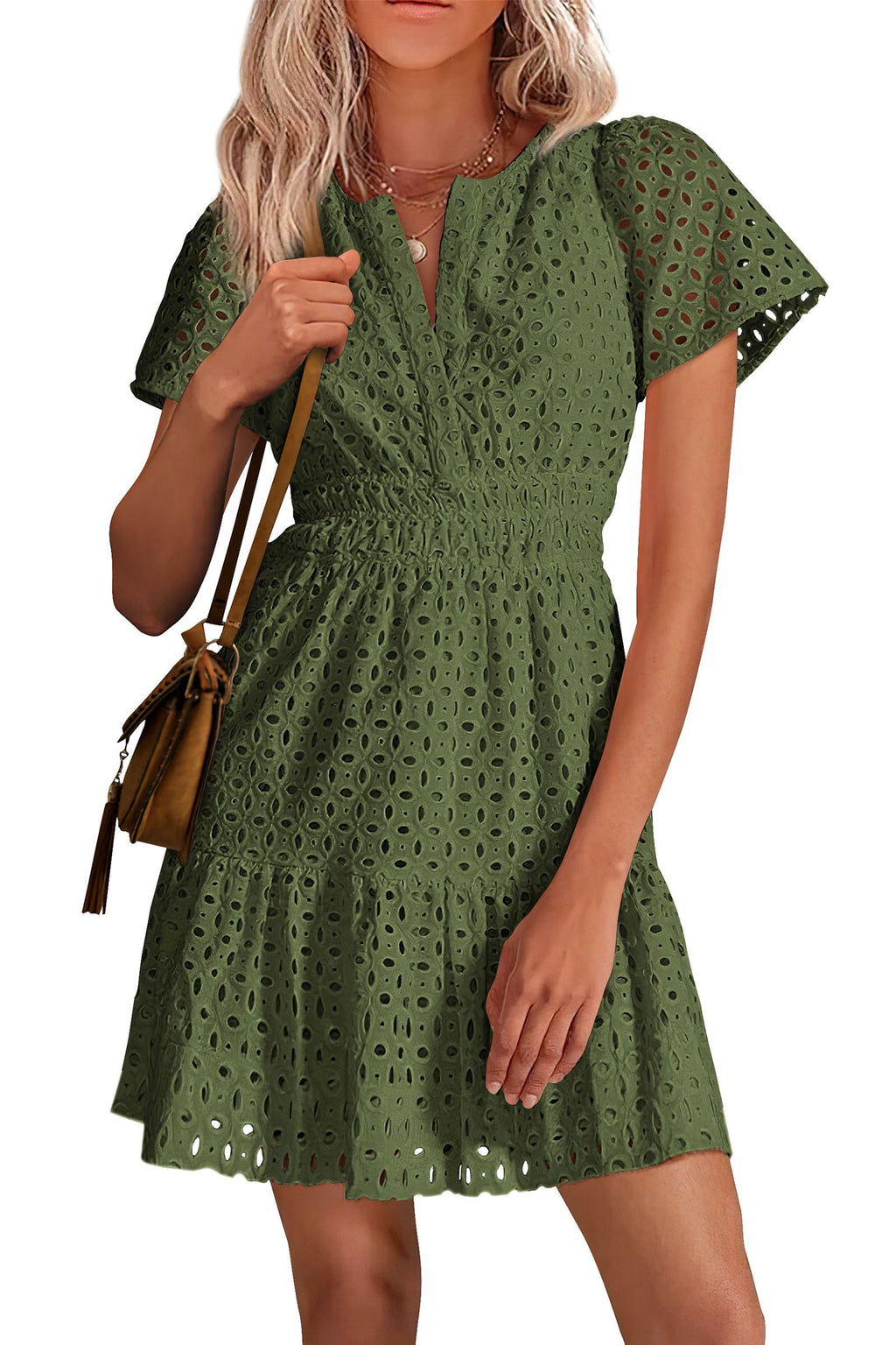PRETTYGARDEN Womens Summer Short Dress V Neck Short Sleeve A Line Hollow Out Lace Ruffle Cute Casual Beach Party Dresses