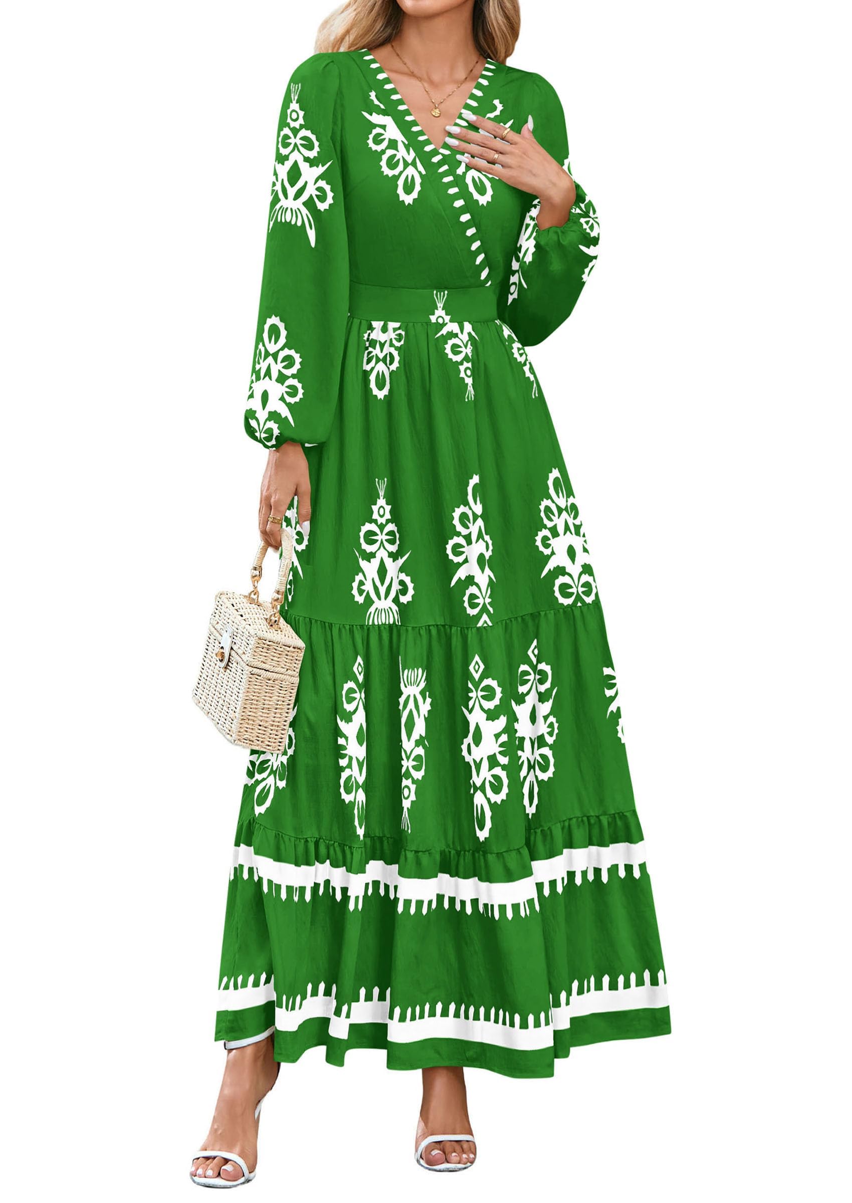 PRETTYGARDEN Women's Fall Wedding Guest Dresses Boho Floral Long Sleeve V Neck Flowy Elegant Maxi Dress Beach Clothes
