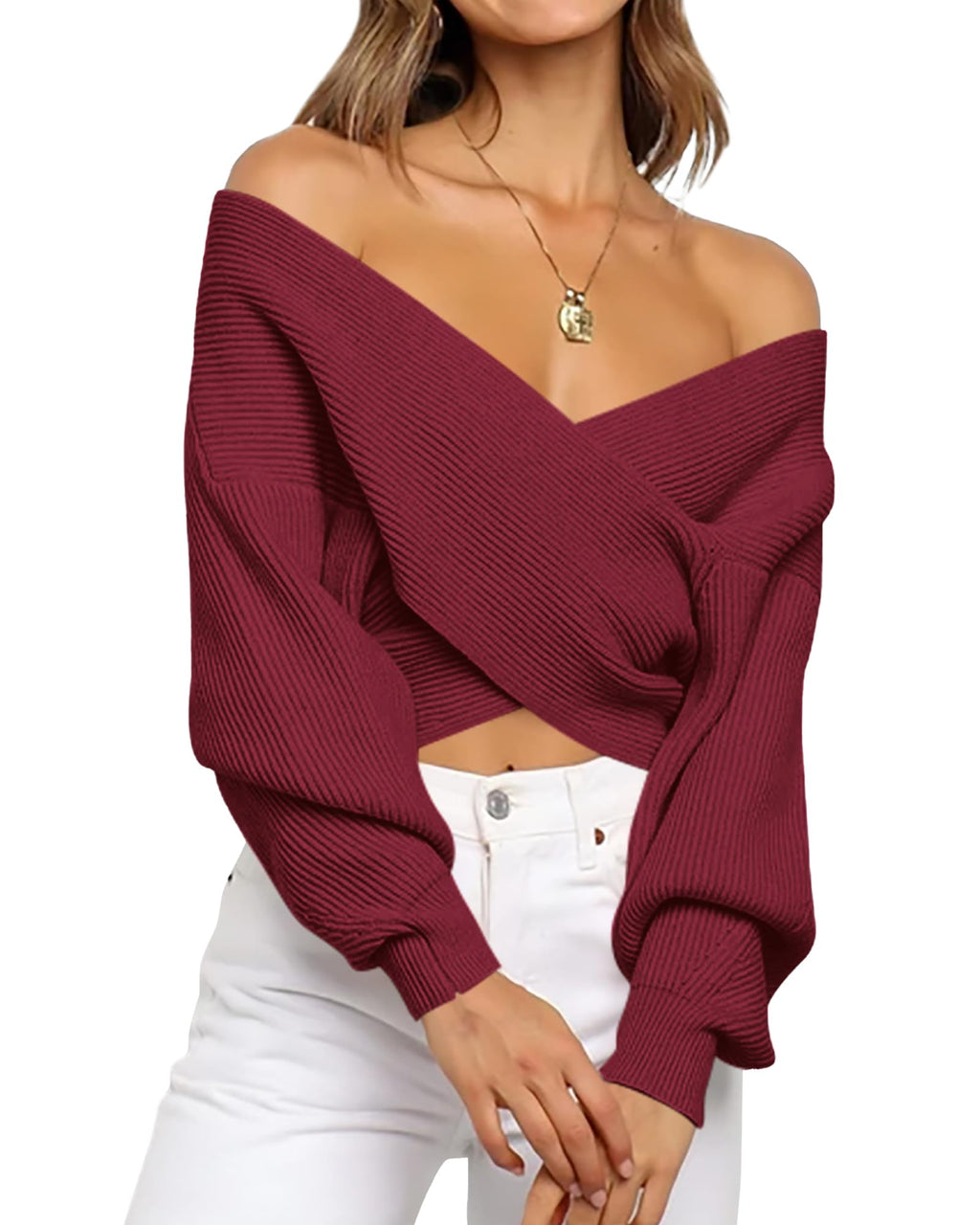 BTFBM Off The Shoulder Sweater for Women Winter Fall Fashion V Neck Long Sleeve Ribbed Knit Wrap Cropped Sweaters
