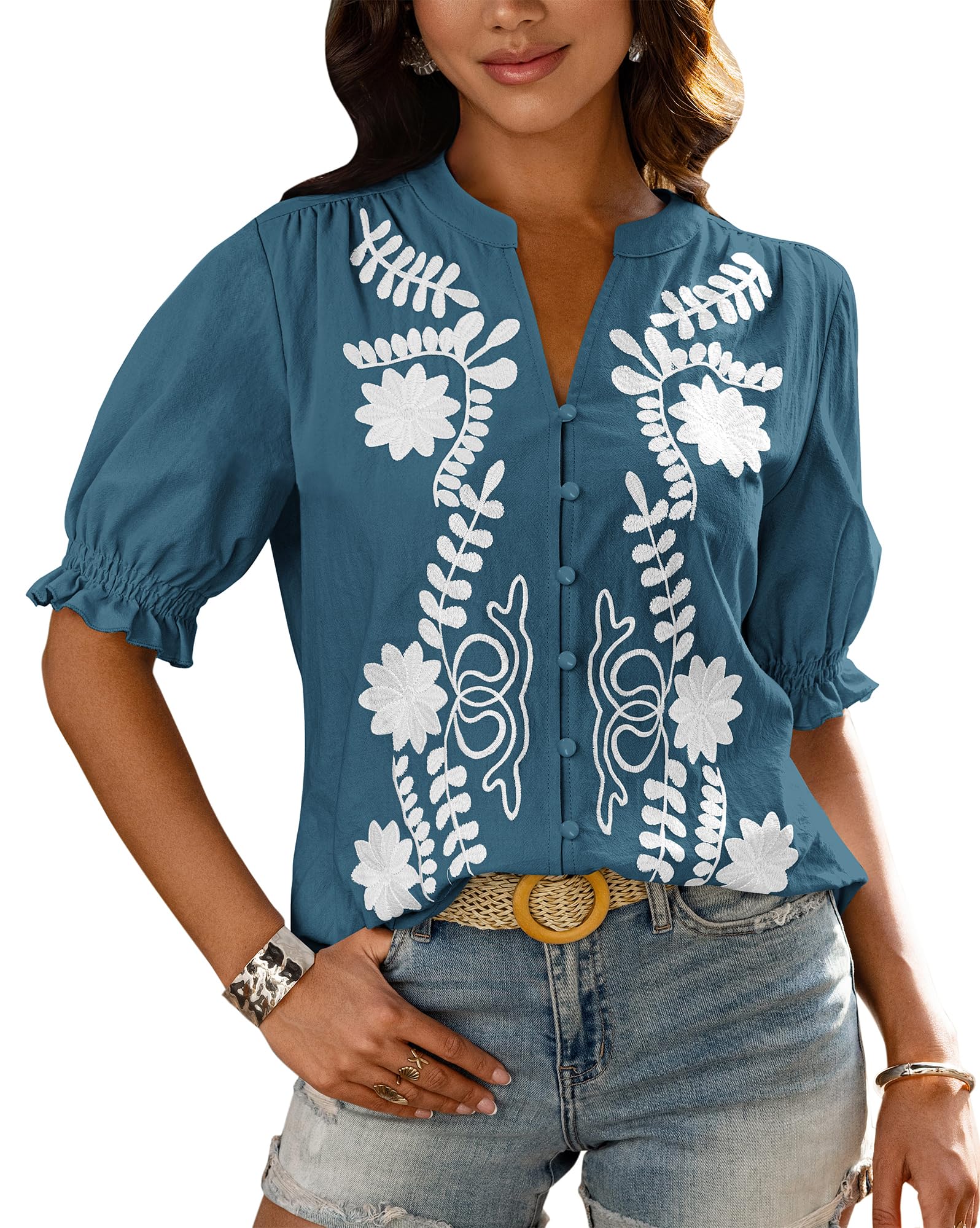 BTFBM Women's Spring Tops Casual Floral Boho V Neck Puff Short Sleeve Button Down Shirts Embroidered Blouses Tunic