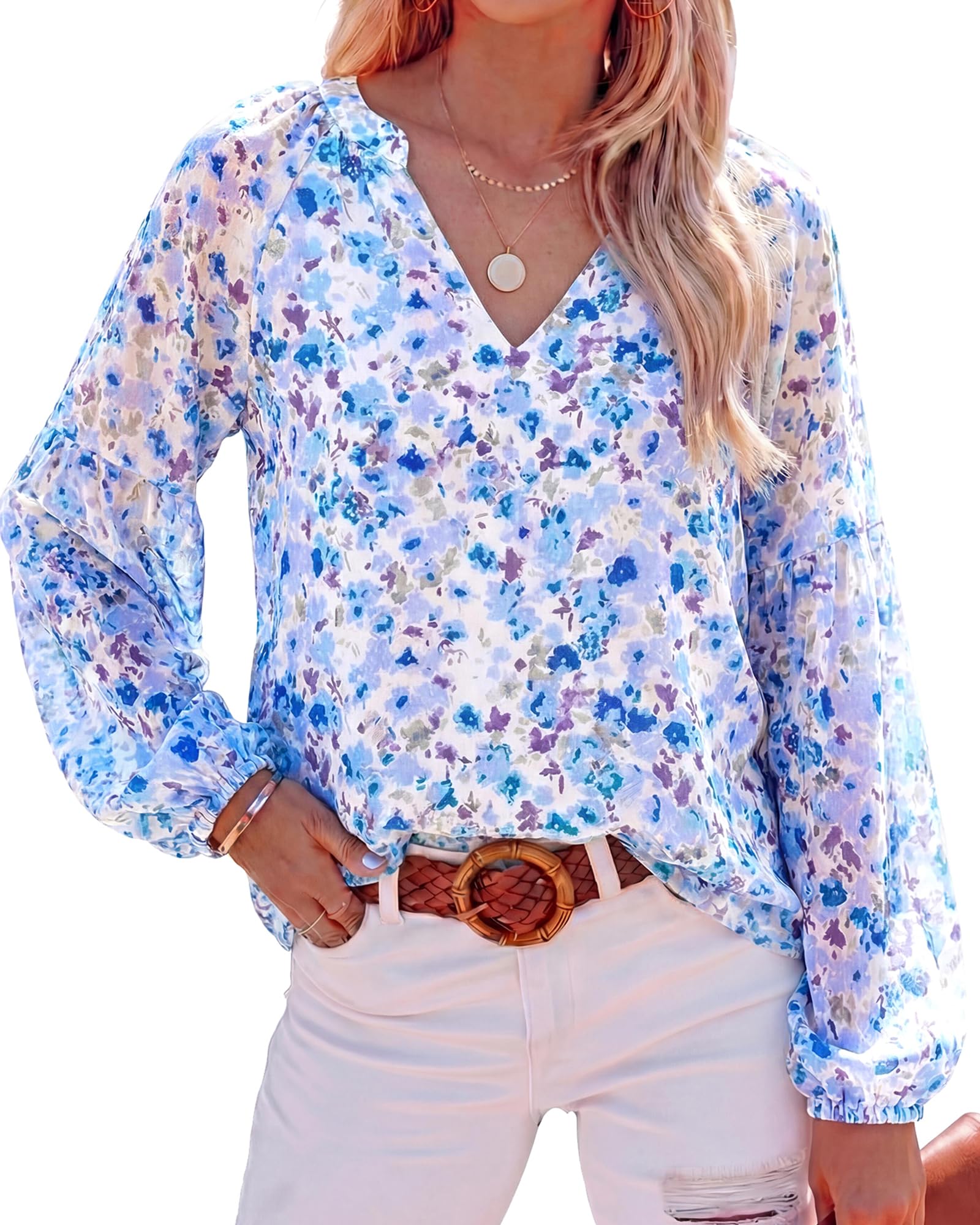 BTFBM Blouses for Women Dressy Casual Floral Summer Boho Tops V Neck Lightweight Long Sleeve Shirts Spring Clothes