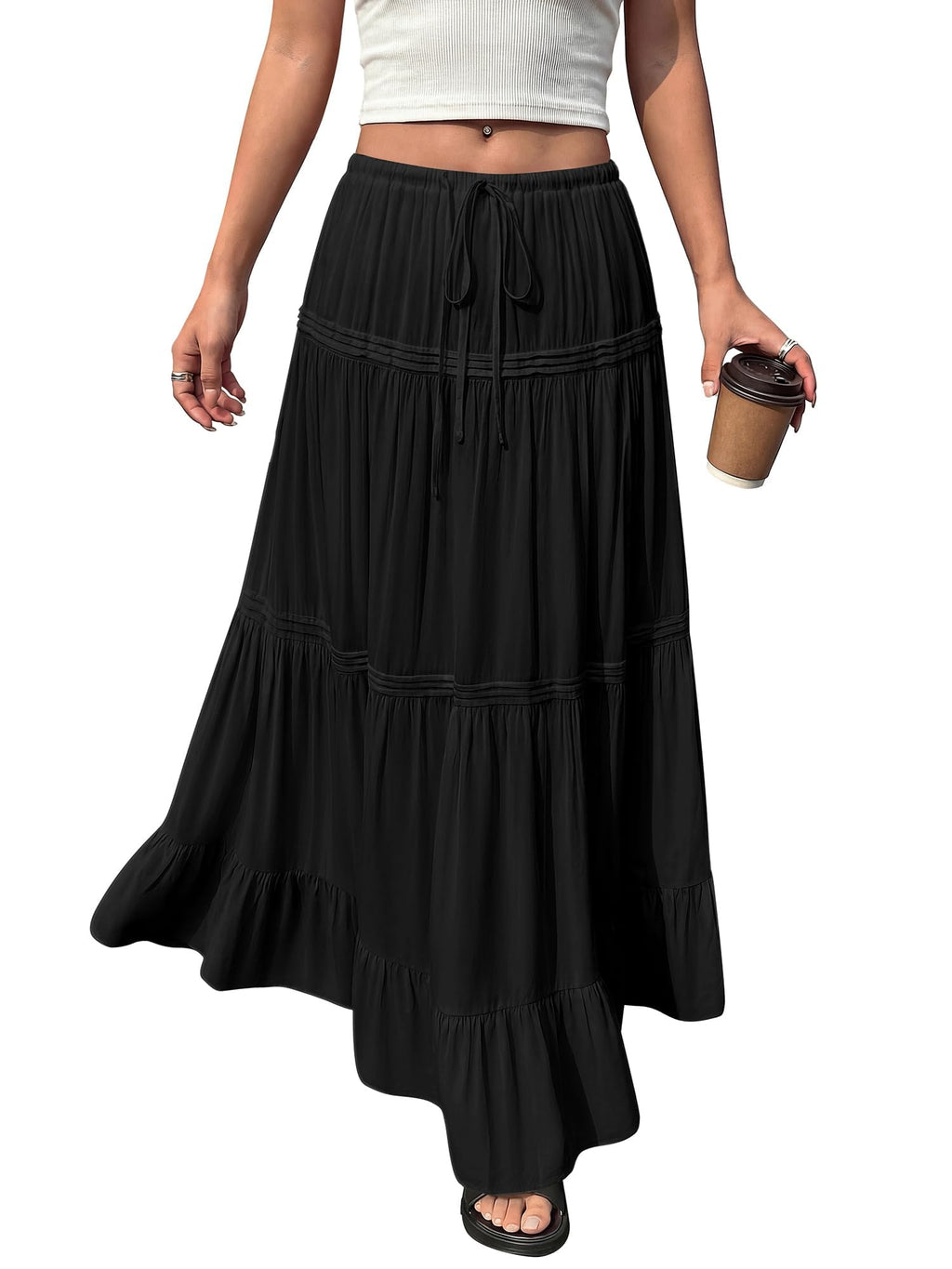 BTFBM Spring Skirts for Women Summer Boho Beach Vacation Clothes Casual Pleated High Waisted Flowy Maxi Skirt