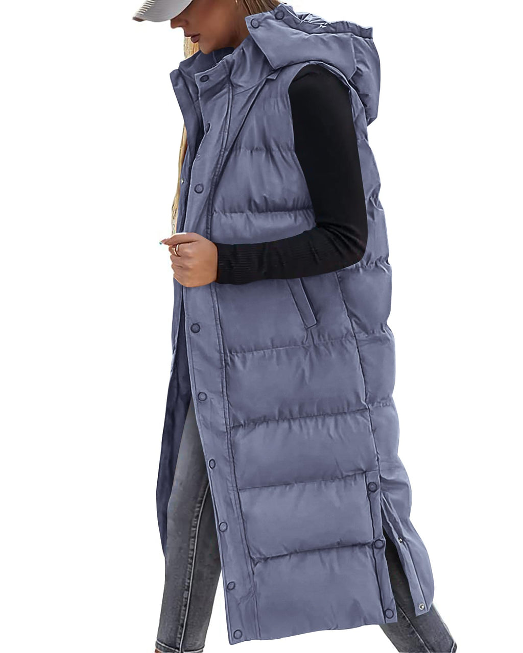 BTFBM Long Puffer Vest Women Quilted Hooded Button Down Zip Up Sleeveless Vests Outerwear Padded Jacket Fall Winter Coat