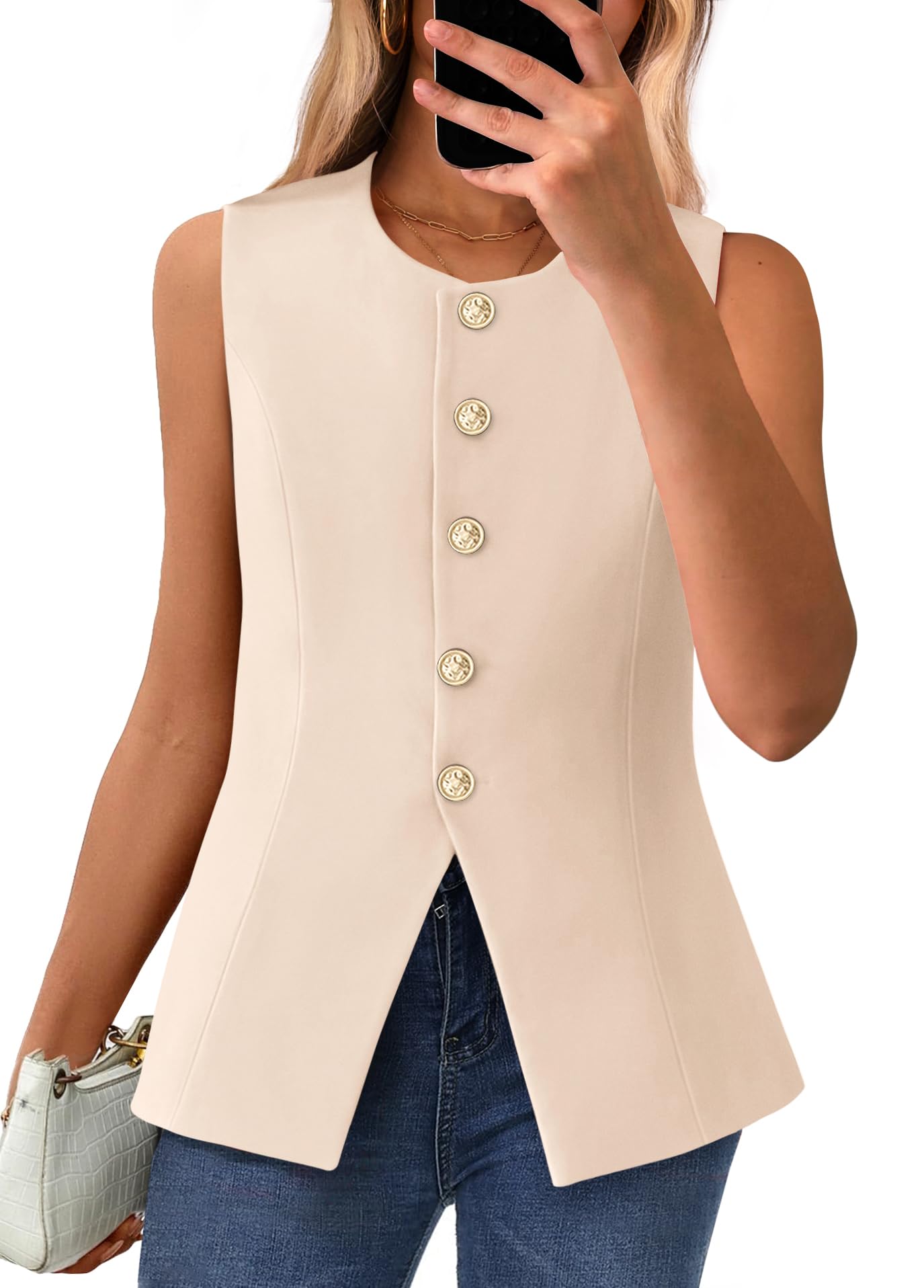 BTFBM Summer Sleeveless Blazer Vest For Women Dressy Button Down Round Neck Business Casual Outfits Work Suit Vests Tops