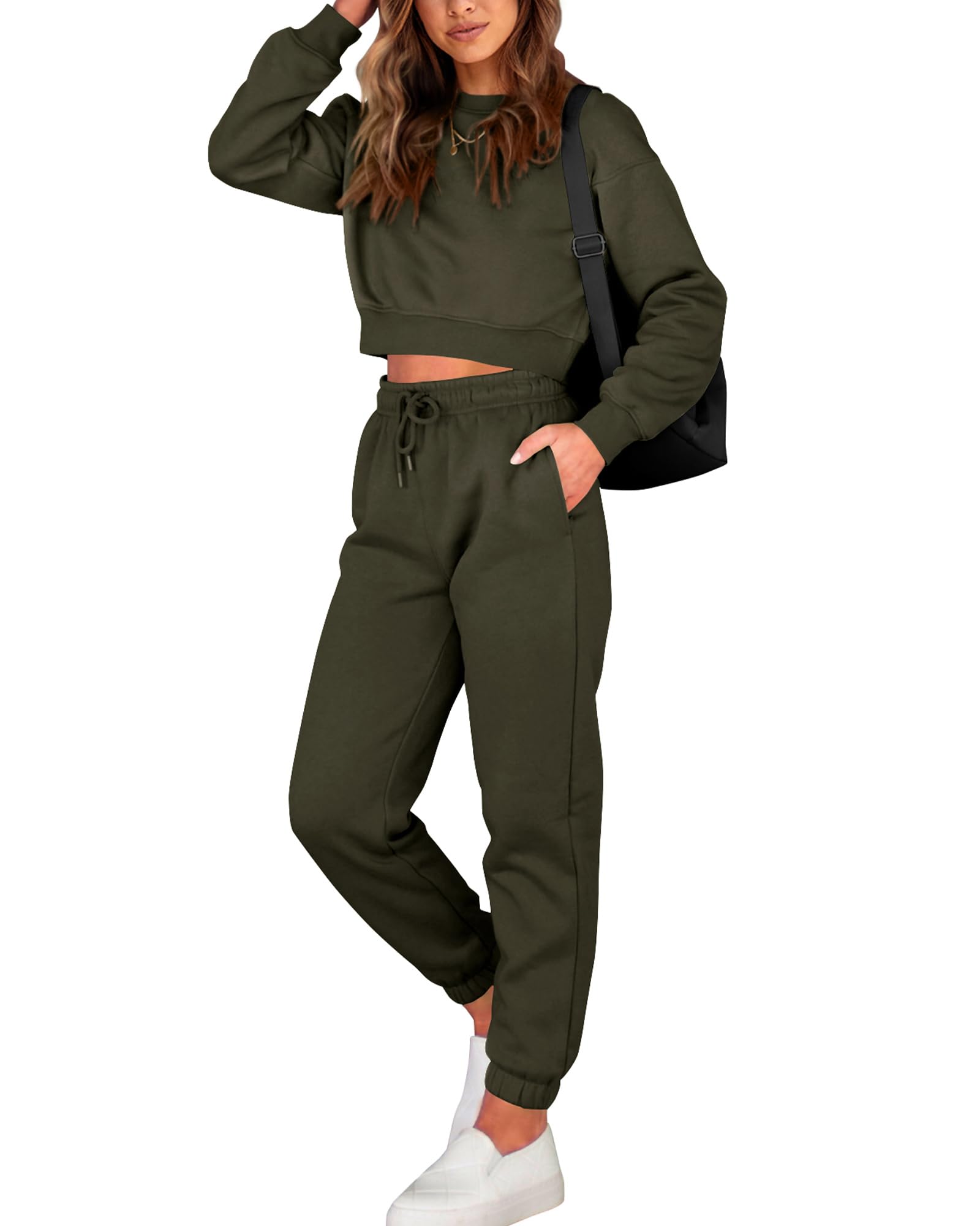 FreshPretty Women 2 Piece Outfits Long Sleeve Crop Top Pullover Drawstring Pant Jogger Set Casual Sweatsuits Tracksuit Pockets