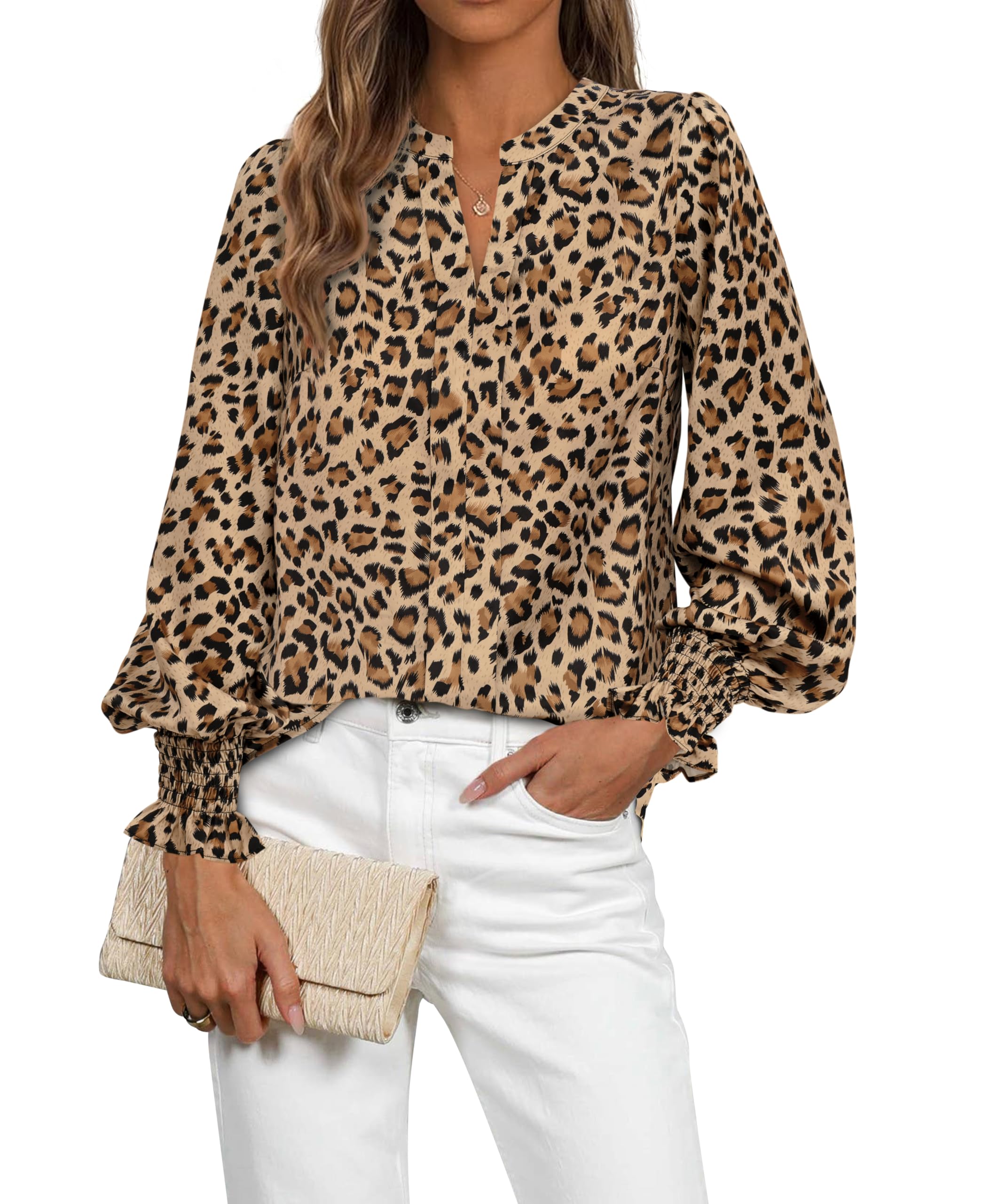 FreshPretty Womens Boho Floral Long Sleeve Tops Fall Fashion V Neck Loose Chiffon Work Blouses Dressy Casual Ruffle Shirts