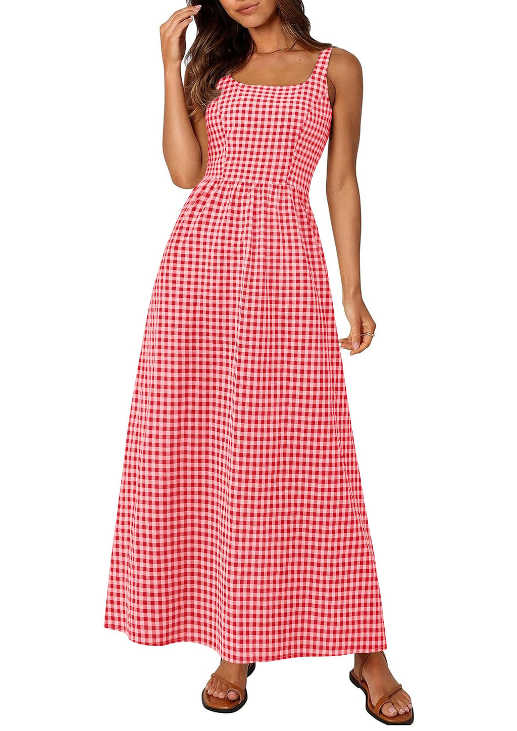 PRETTYGARDEN Women's Summer Spaghetti Strap Maxi Dresses Plaid Square Neck A Line Casual Beach Vacation Long Sundress