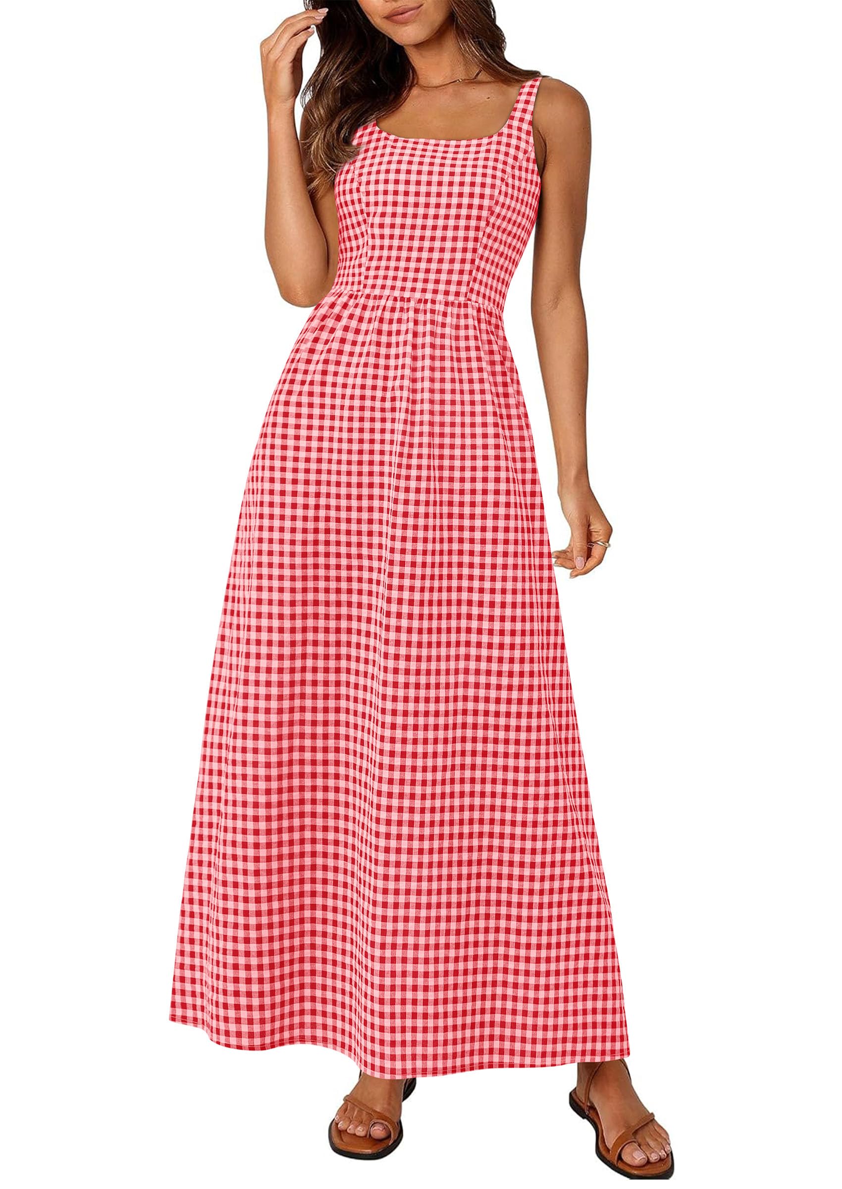 PRETTYGARDEN Women's Summer Spaghetti Strap Maxi Dresses Plaid Square Neck A Line Casual Beach Vacation Long Sundress