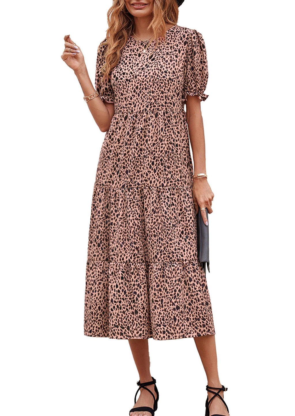 PRETTYGARDEN Summer Dresses for Women Casual Floral Boho Midi Sun Dress Puff Short Sleeve Flowy Beach Vacation Sundress