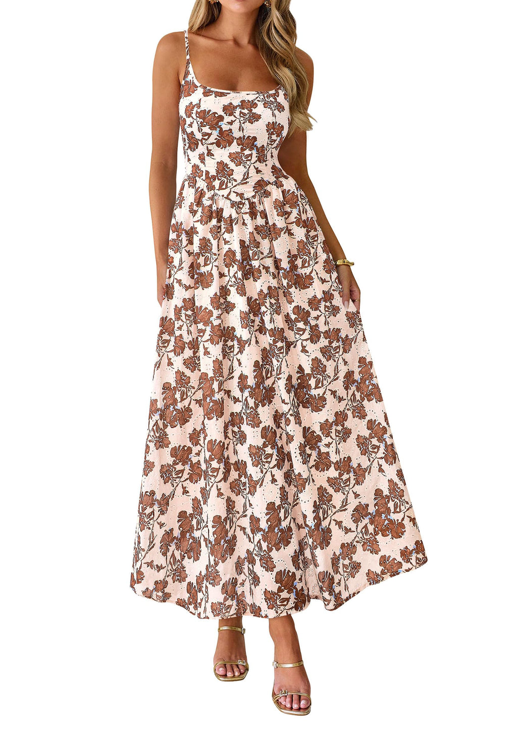 PRETTYGARDEN Womens Spring Boho Maxi Dress Eyelet Floral Long Flowy Sundresses Summer Beach Vacation Clothes