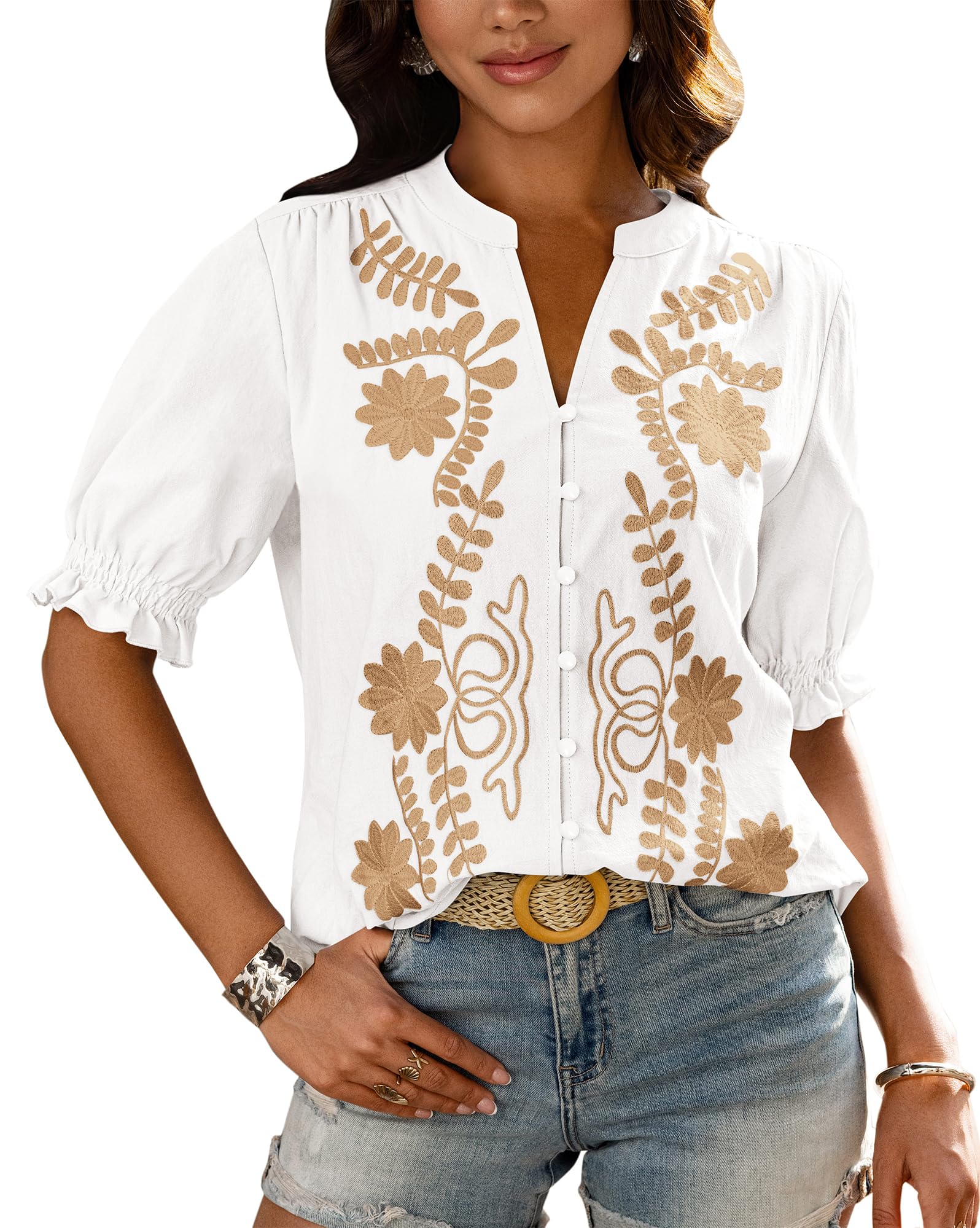 BTFBM Women's Spring Tops Casual Floral Boho V Neck Puff Short Sleeve Button Down Shirts Embroidered Blouses Tunic