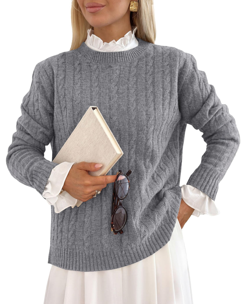 PRETTYGARDEN Women's Cable Knit Sweaters Long Sleeve Pullover Fall Outfits Soft Cozy Knit Tops, Ribbed Crewneck Regular Fit, Basic Daily, Work Business Casual, Teacher Outfits, Winter Layer Clothing